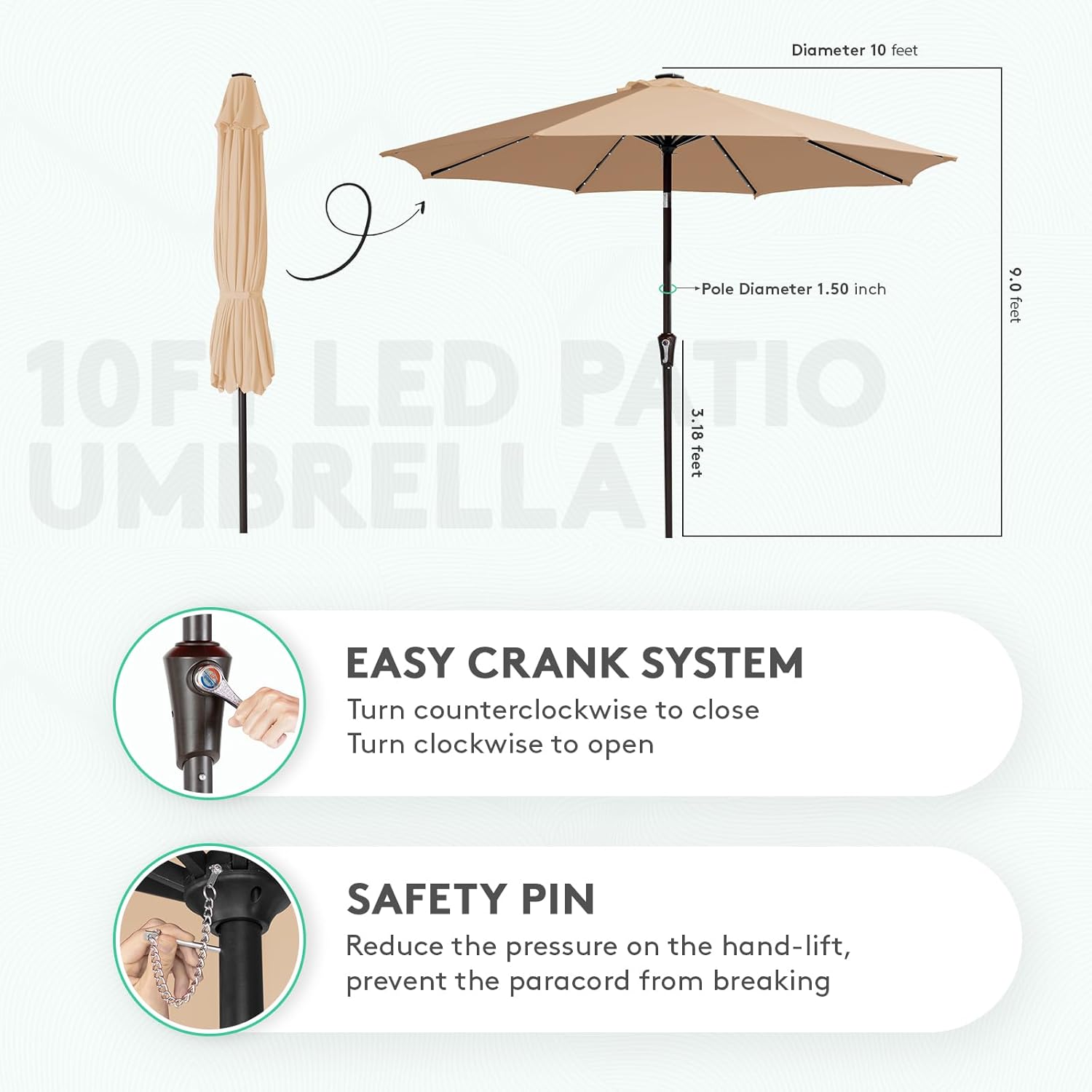 JEAREY Upgrade 10FT LED Lighted Patio Umbrella, Solar Outdoor Umbrella, Tilt Table Umbrella for Pool(Beige)