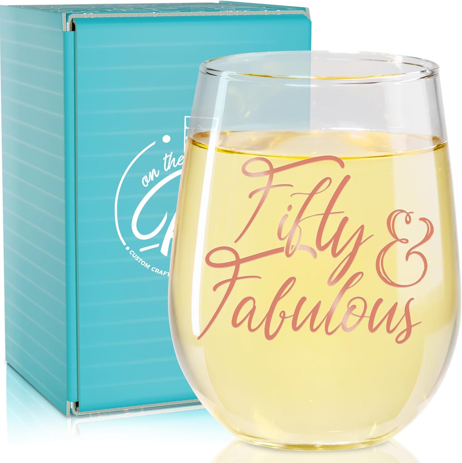 On The Rox Drinks 50th Birthday Stemless Wine Glass for Women - 50 & Fabulous- 50 Year Old Wine Glass Birthday Gift- Rose Gold Print Ideal for Women, Mom, Friend, Sister Turning Fifty - 17 oz