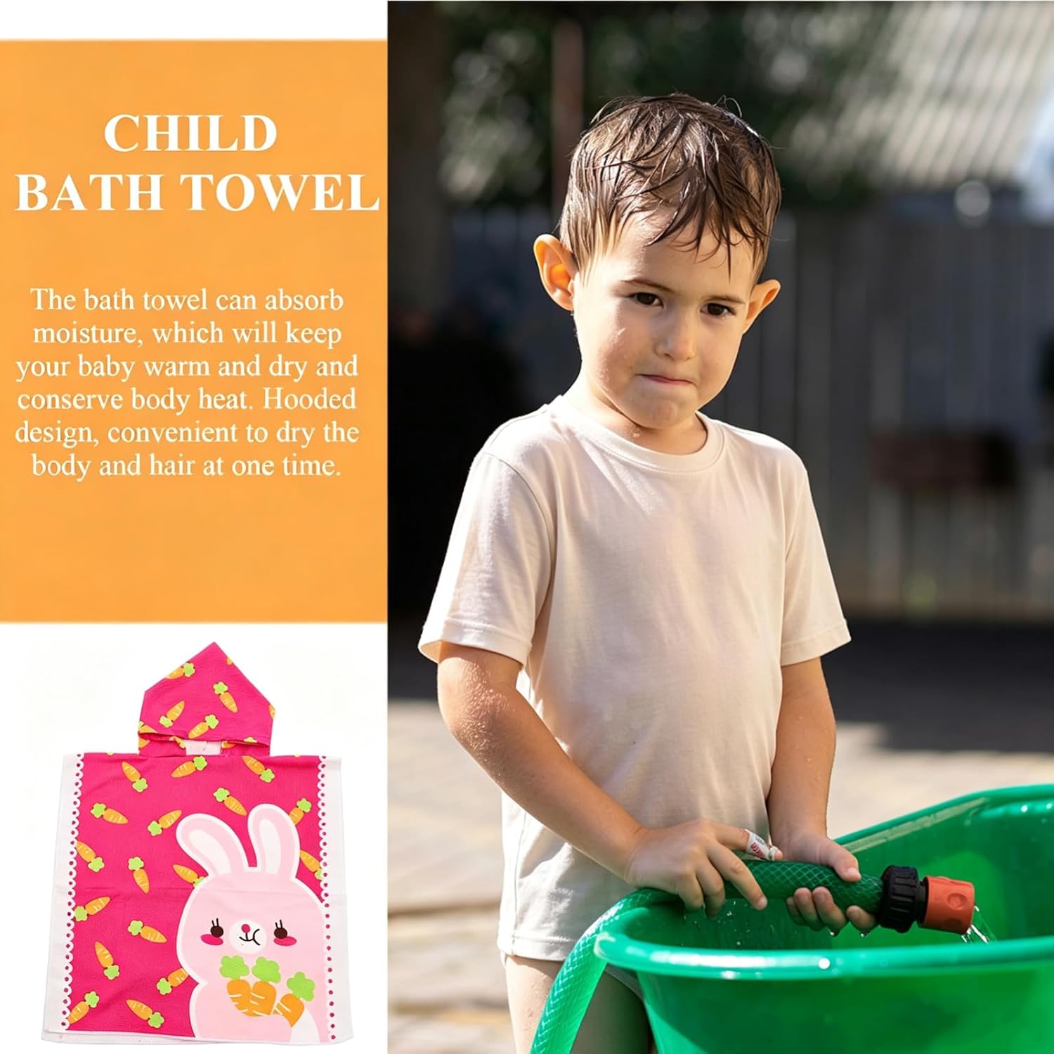 Hooded Bath Towel Cape Soft Absorbent Cotton Cartoon Rabbit Design for Boys and Beach Pool Use