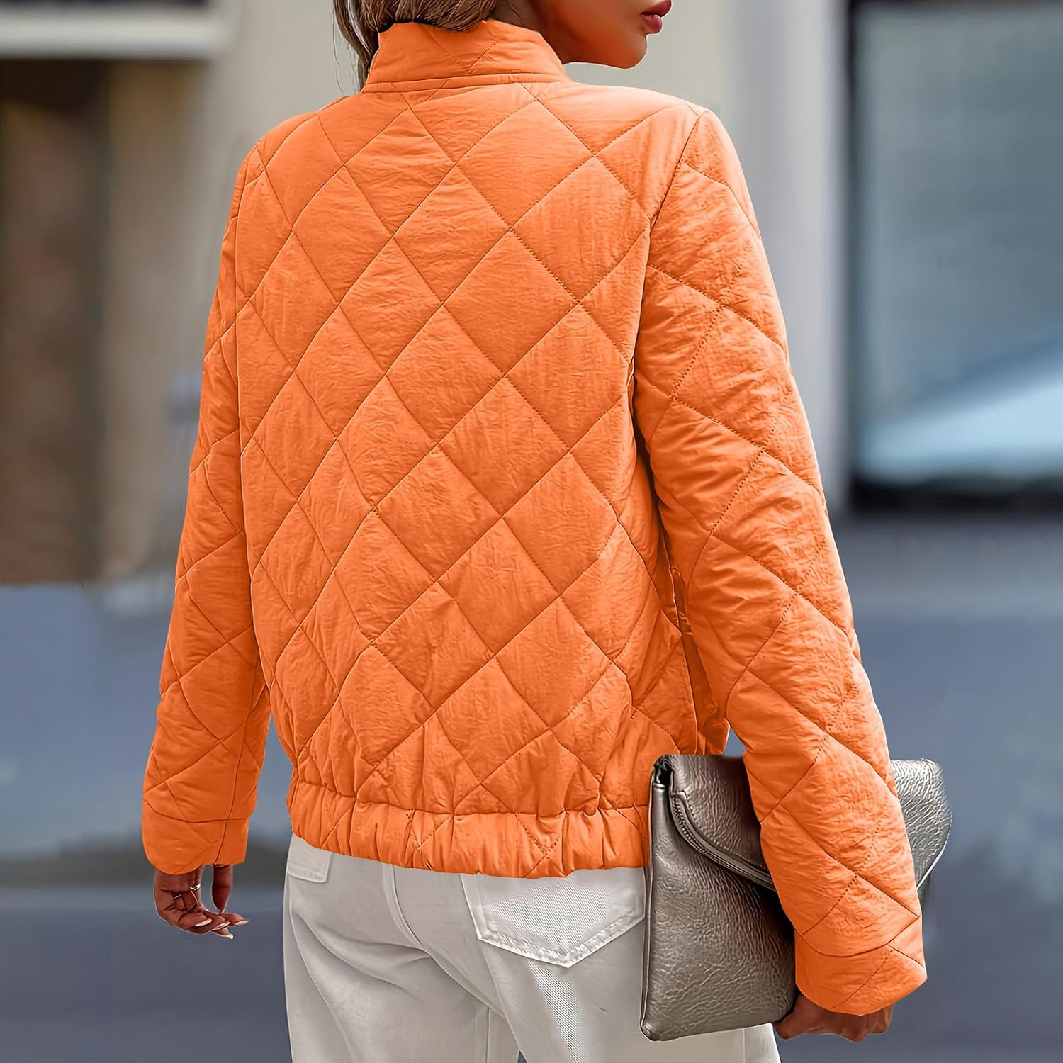 Women's Quilted Jackets Coats Outwear Puffer Zip-up Stand Collar Padded Jacket Lightweight Warm Outerwear with Pockets