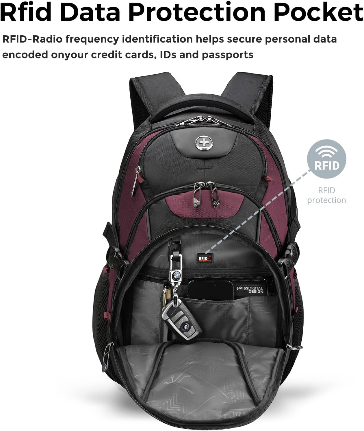 Swissdigital Design Laptop Backpack with USB Charging Port, Travel Backpack Fits 15.6 inches Computer, 31L College School Backpack for Women, Angola red/Black | SD803-44 - Image 5