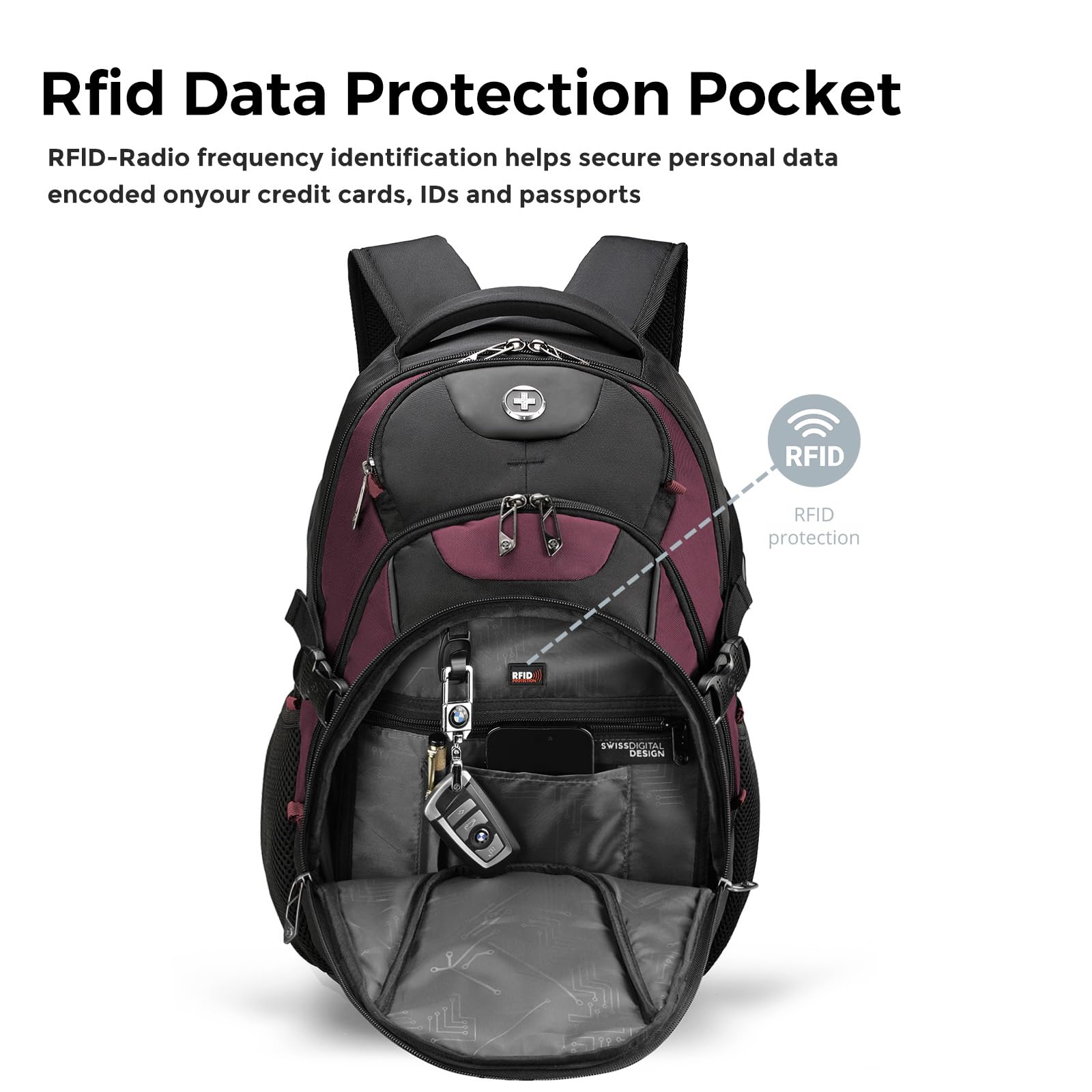 Swissdigital Design Laptop Backpack with USB Charging Port, TSA Travel Backpack Fits 15.6 inches Computer, 31L College School Backpack for Women, Burgundy/Black | SD803