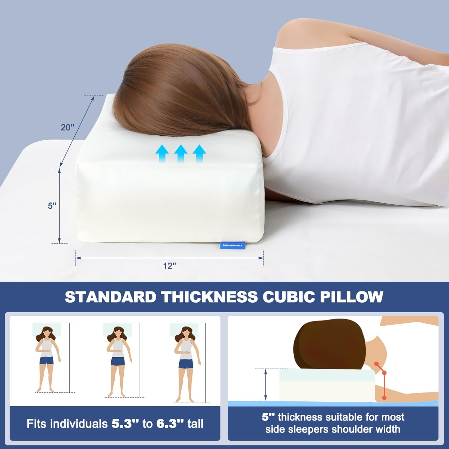 Firm & Soft Square Pillows for Side Sleepers - Cube-Side Sleeping Pillow for Adults Neck Shoulder Pain - Dual-Sided Support Memory Foam Cervical Pillow with Smooth Pillowcase (White, 5''Thickness)