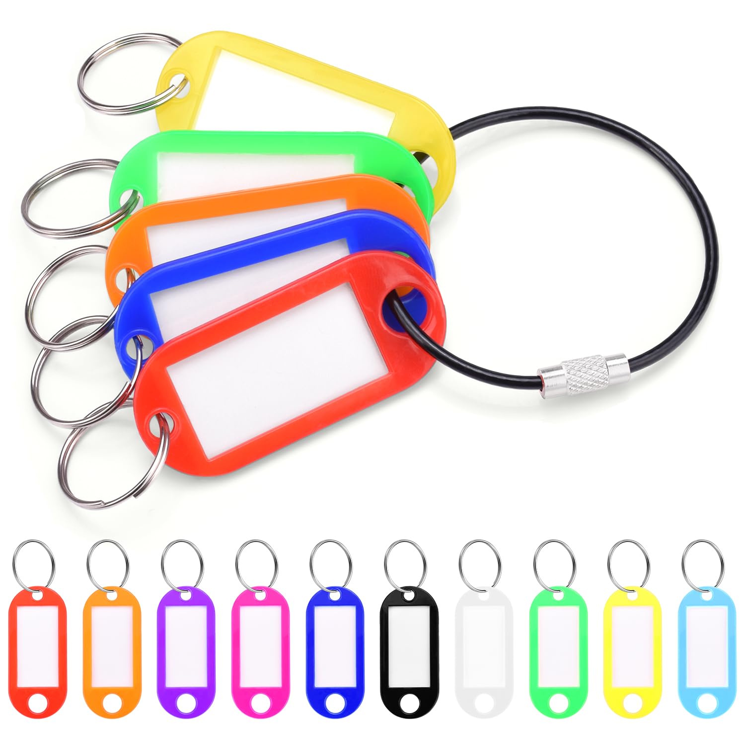 10 Pack Key Tags, Plastic Key Tags with Labels and Split Ring, Black Keychain Cable and Key Labels for USB Drive, Bags and Luggage Organization - 10 Color
