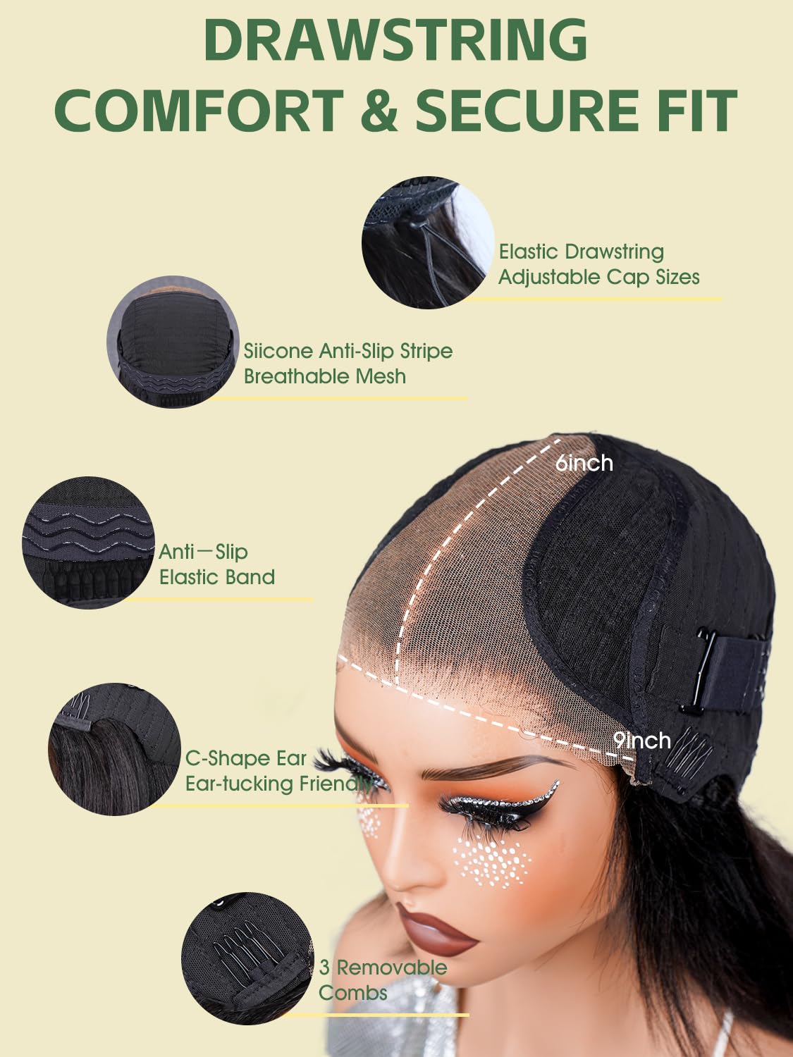 Layered Cut Short Bob 9x6 Yaki Straight Human Hair Wig HD Lace Front Drawstring Glueless Wigs Human Hair Pre Plucked Pre Cut T Part Yaki Straight Bob Wig for Black Women 180% Density 16 Inch