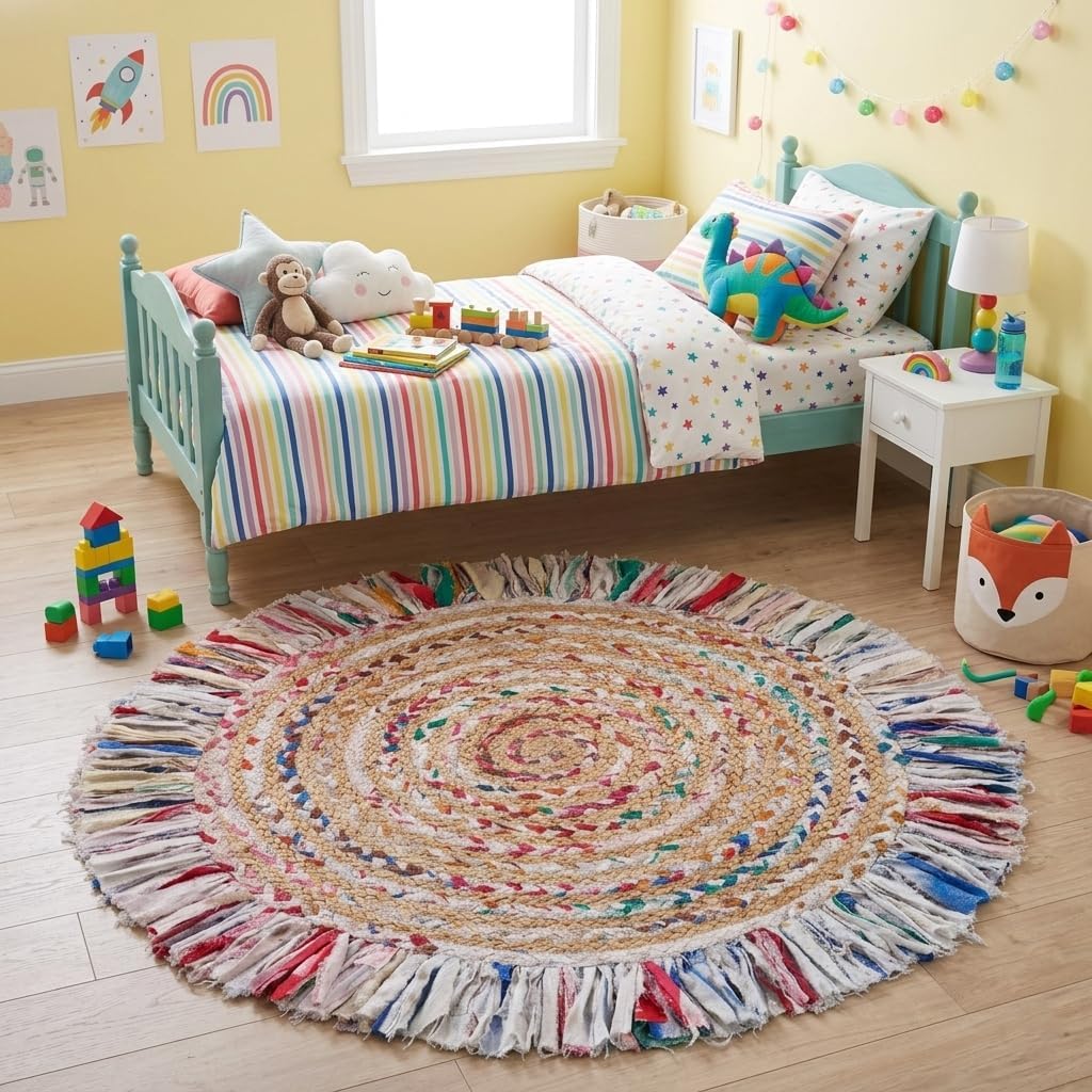 LR Home Natural Jute and Cotton Blend 6ft Round Area Rug for Home Decor | Braided Rugs for Living Room, Bedroom, Playroom | Bohemian Farmhouse Indoor Carpet for Room Decor | White/Multicolor