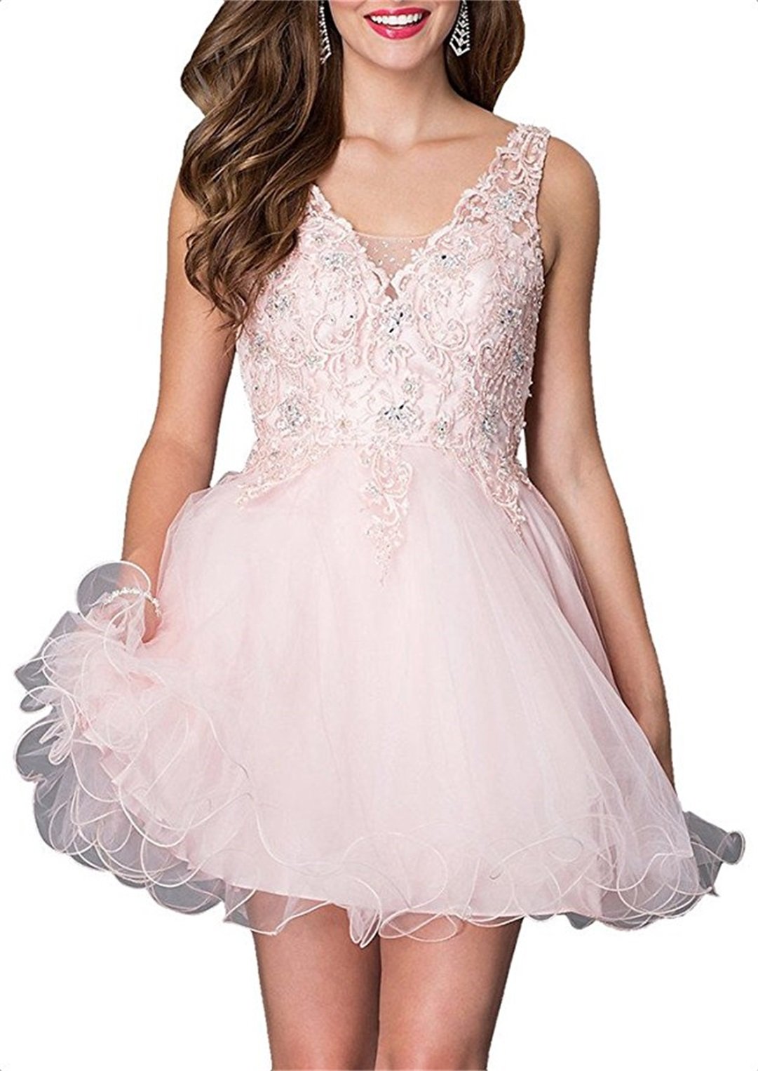 Lace Tulle Prom Dresses Short V Neck Bridesmaid Homecoming Gown