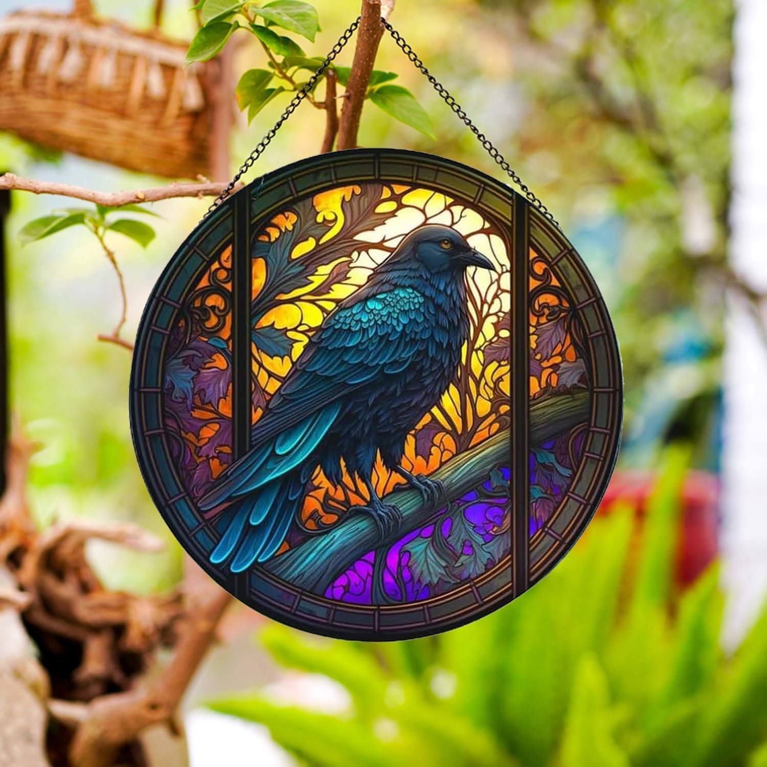Crow Pattern Suncatcher Stained Glass,Hanging Stained Glass for Windows for Bird Lovers,20cm/7.87inch Hand-Painted Sun Catcher Garden Hangings Halloween Fall Christmas Decor for Home - Image 7