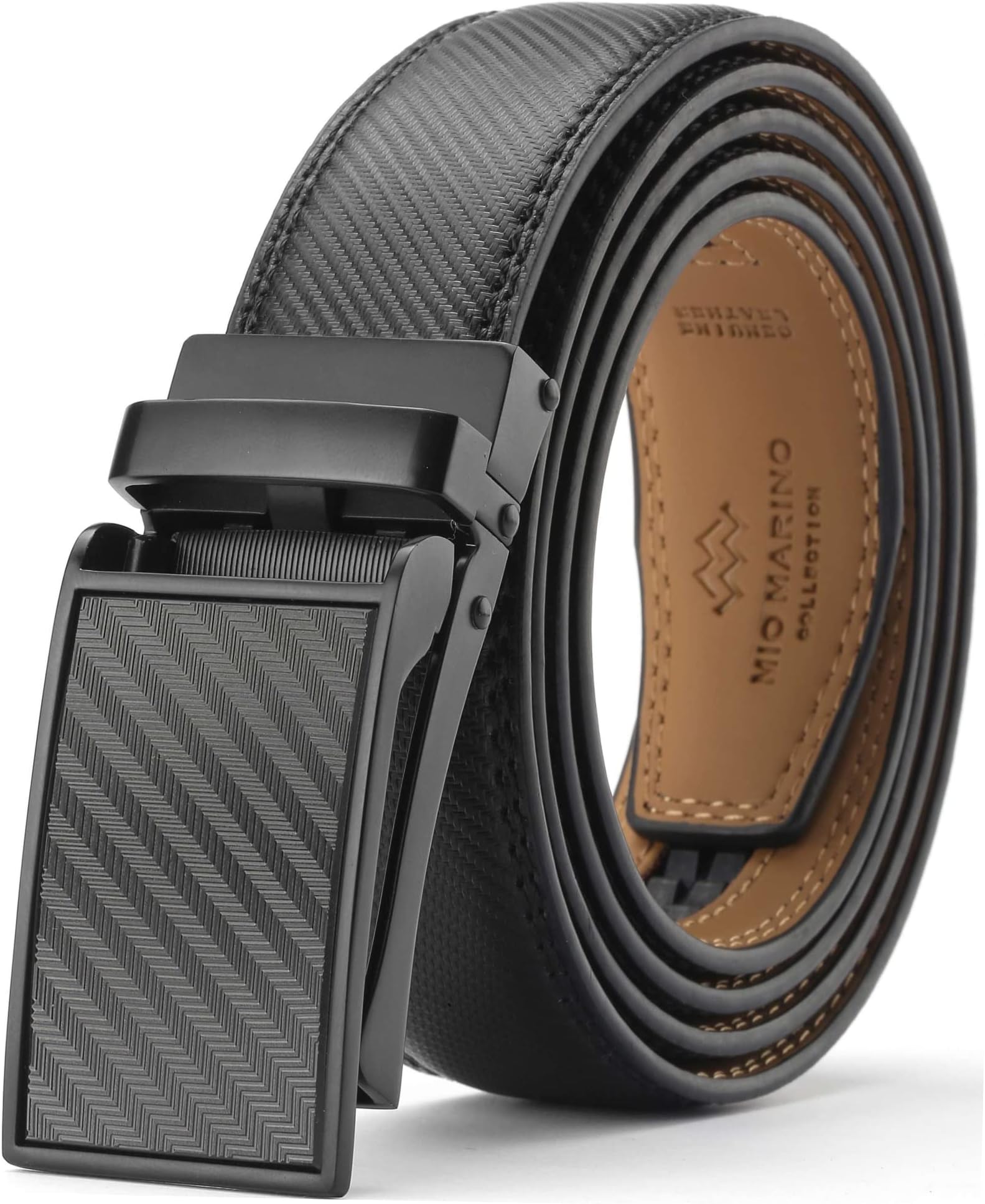 Ratchet Belt for Men. Adjustable Leather Dress Belt with 38 Easy to Click Into Place Ratchet Closures.