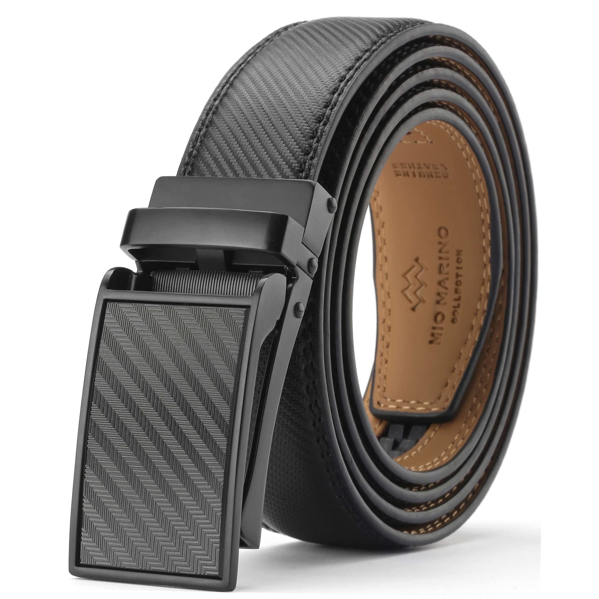 Ratchet Belt for Men. Adjustable Leather Dress Belt with 38 Easy to Click Into Place Ratchet Closures.