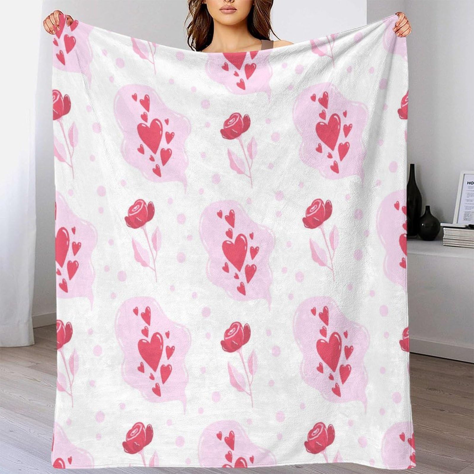 3D Gedruckte Herz Rosen Decke Mikrofaser Wohndeko Romantisches Muster Kuscheldecke Sofa Schlafzimmer Geschenk 80x90inch(200x230cm)