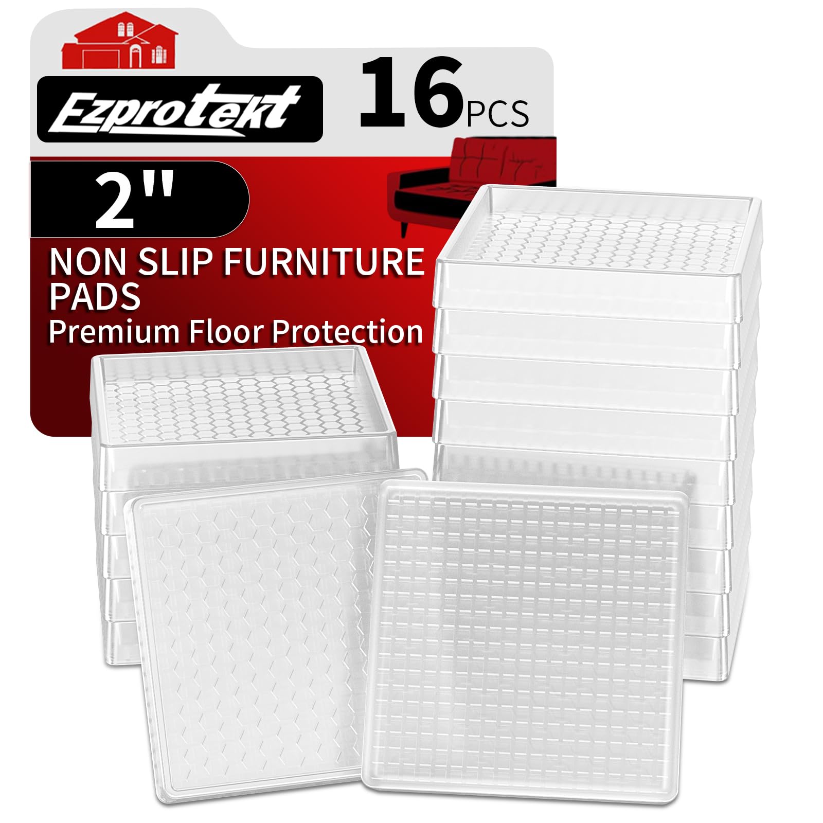 Ezprotekt Non Slip Furniture Pads, 16 Pcs 2" Rubber Caster Cups, Anti Skid Furniture Coasters for Hardwood Floors, No Slide Furniture Gripper, Floor Protector for Bed Couch Furniture Stoppers (Clear)