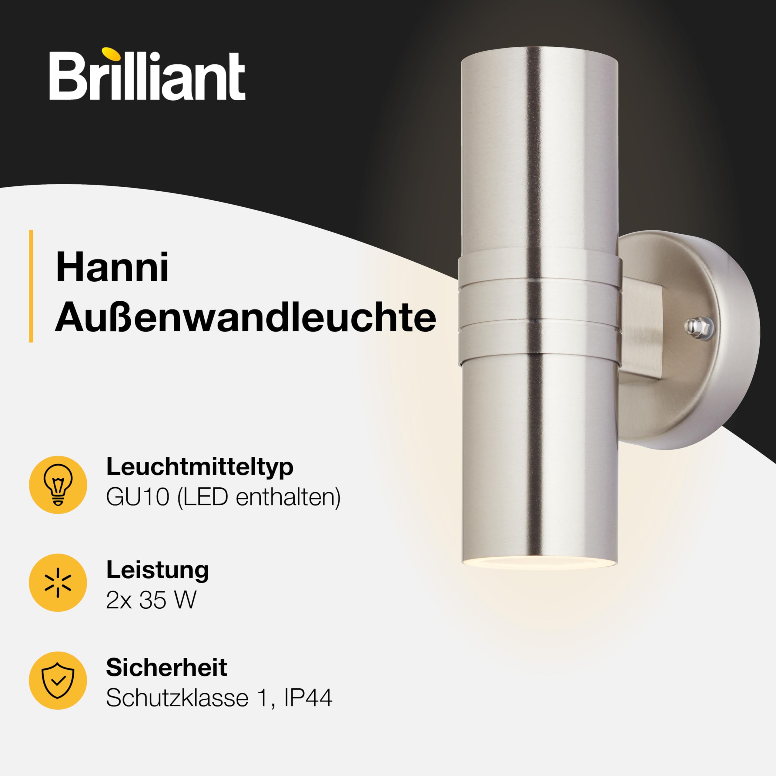 Brilliant Lampe Hanni LED Außenwandleuchte 2flg edelstahl | 2x LED-PAR51, GU10, 3W LED-Reflektorlampen inklusive, (250lm, 3000K) | IP-Schutzart: 44 - spritzwassergeschützt