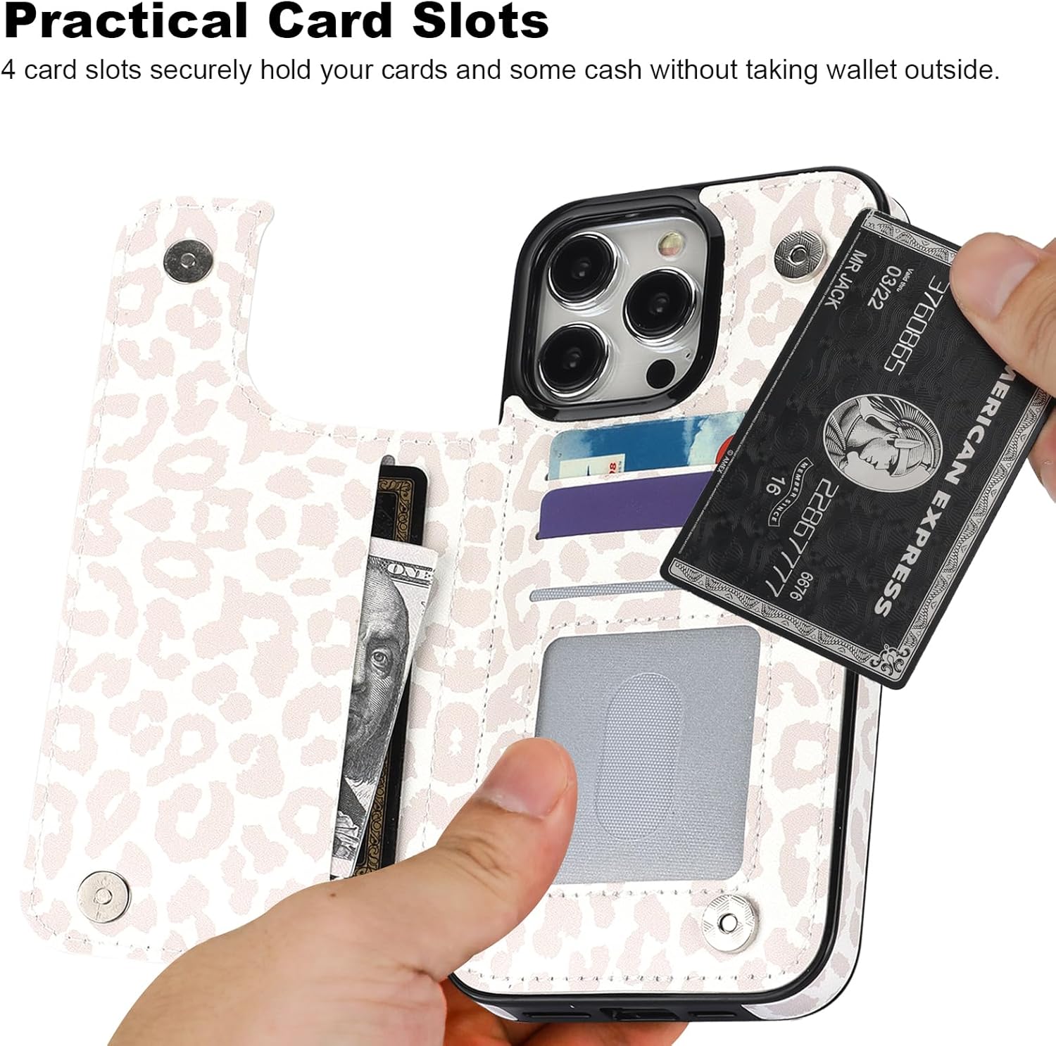 HAOPINSH for iPhone 15 Pro Max Case Wallet with Card Holder, White Leopard Cheetah Pattern Back Flip Folio PU Leather Kickstand Card Slots Case for Women Girls, Double Magnetic Clasp Cover 6.7" - Image 3