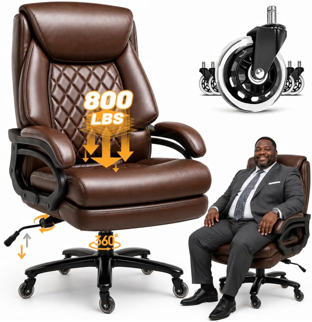 Big and Tall Executive Office Chair with Adjustable Lumbar Support, Extra Wide Seat, Heavy Duty Computer Desk Chair for Long Working Hours, Gaming & Home Office, Quiet Rolling Wheels