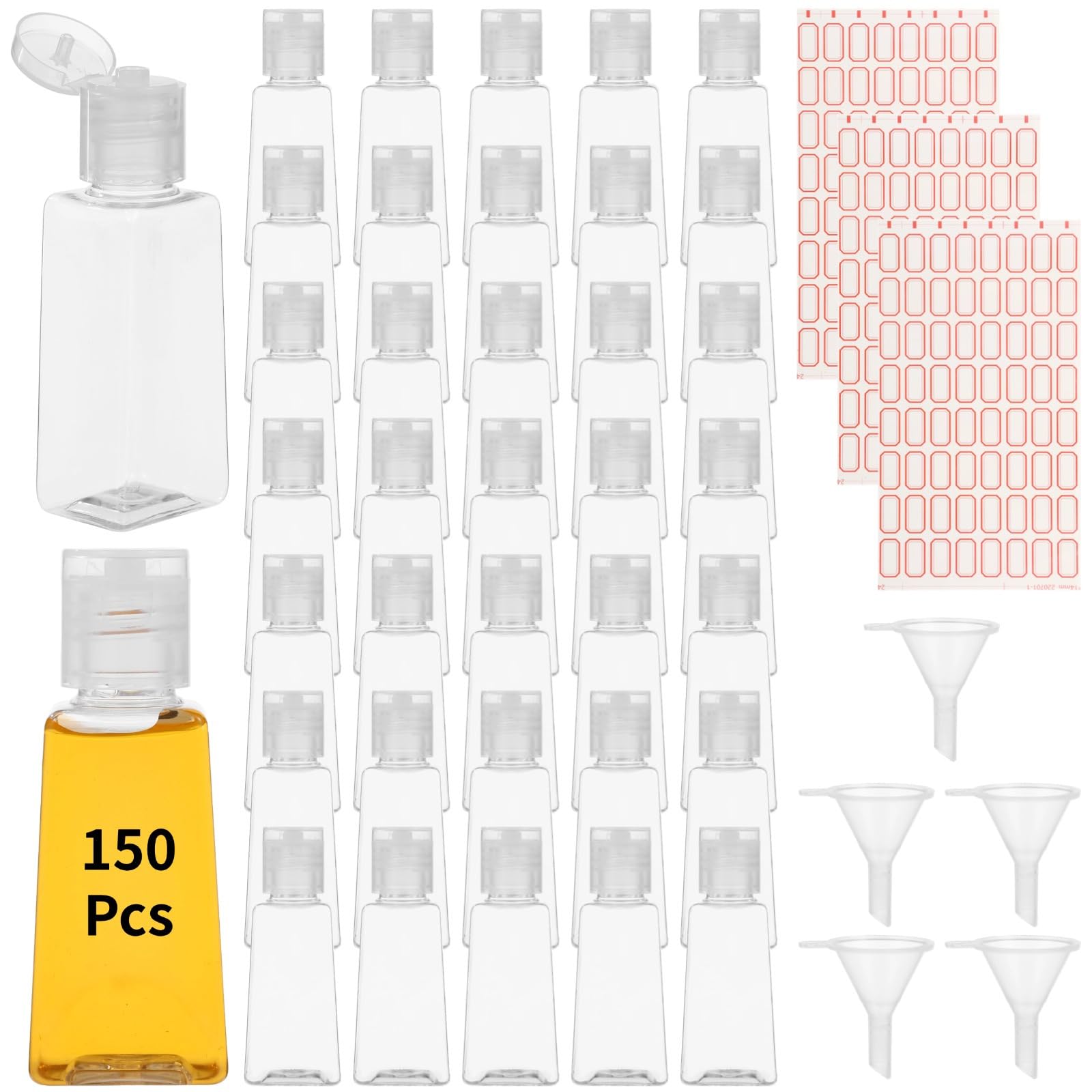 150 bottiglie da viaggio da 28,3 g, contenitori trasparenti ricaricabili con tappo a scatto, includono 5 imbuti in plastica e 3 etichette adesive, flaconi vuoti portatili per cosmetici, shampoo