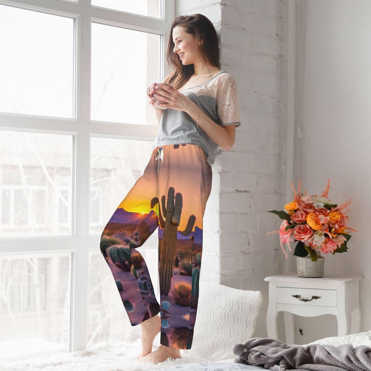 Cactus Desert Sunsets Print Cozy Christmas Pajama Pants,Flannel Pajama Bottoms,Cater To Various Body Types