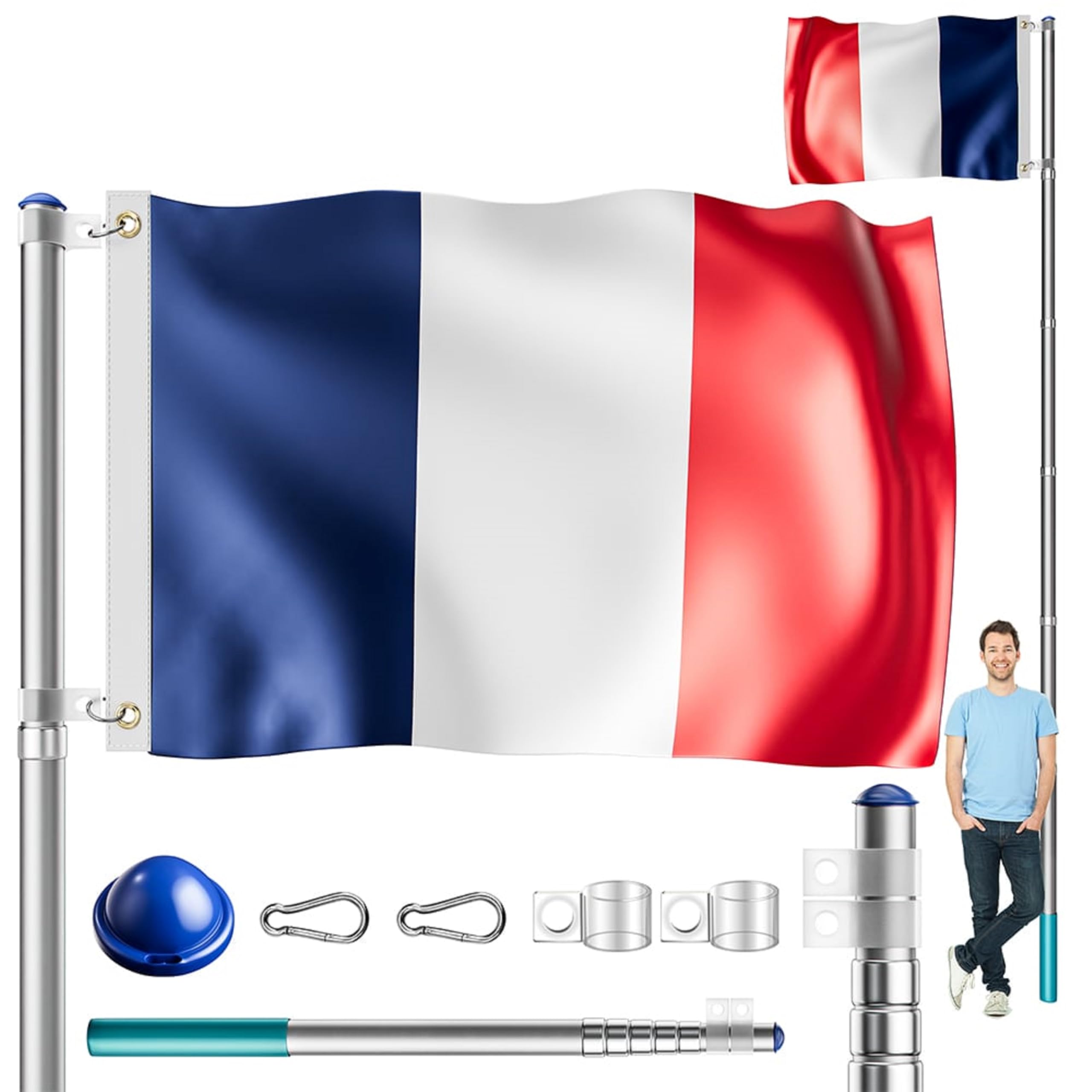 MONZANA® Mât de drapeau télescopique aluminium 6,3m douille de sol 60cm réglable hauteur jardin hampe national