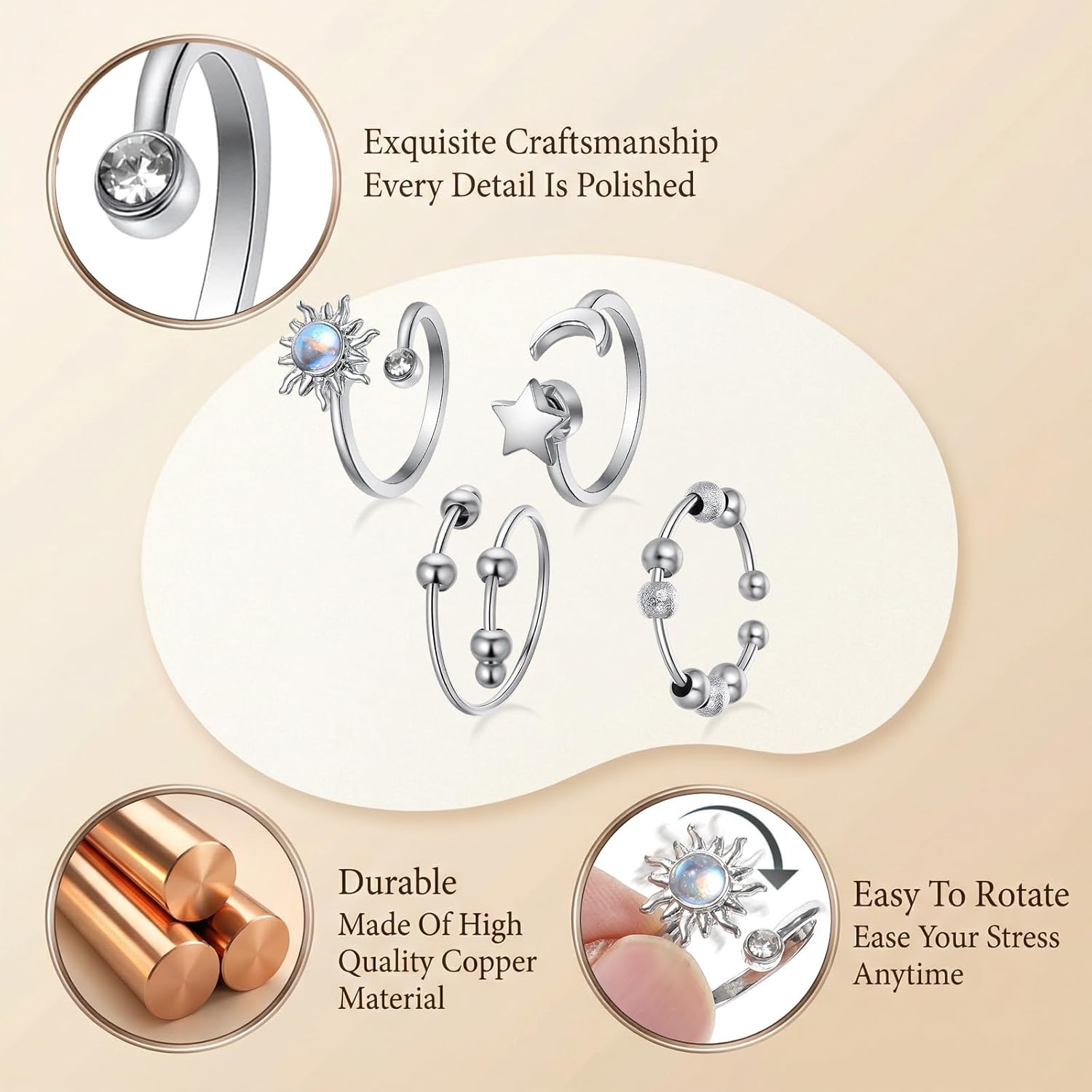 Sibba Fidget Rings for Women 4 PCS Adjustable Spin Fidget Rings for Stress Relief ADHD Anxiety & Focus Rotating Sun Moon Star Beads Silver Sensory Ring Adult Fidgets Toys for Anxiety Relief