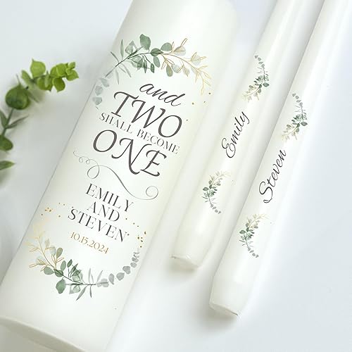 Unity Candles for Wedding, Unity Set, Custom and Personalized Pillar and Taper Candles with Bible Quote, Unscented White Premium Wax, Religious and