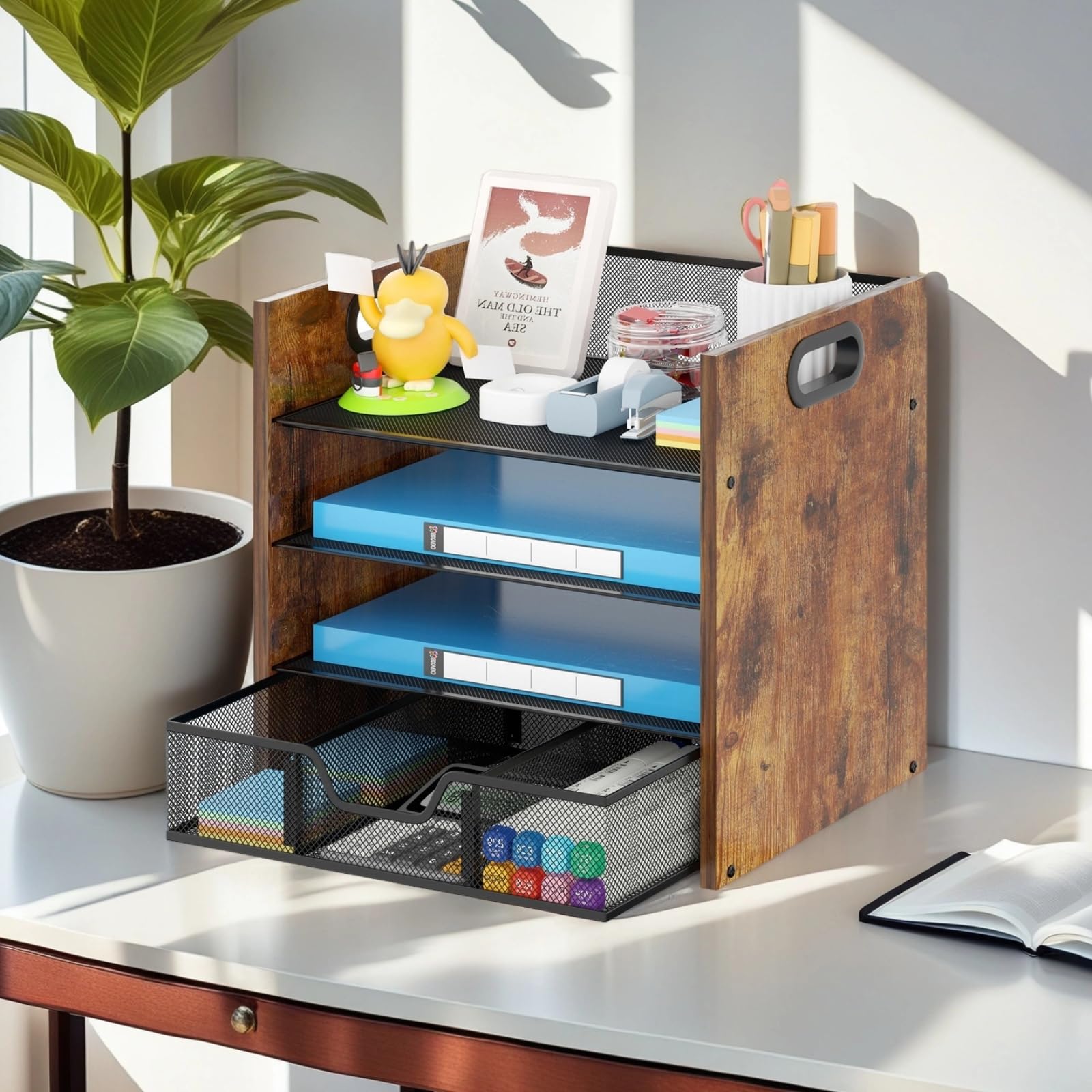 Schreibtisch-Organizer aus Holz – 4-stöckiger Schreibtisch-Organizer mit Schublade, Holz-Papierablage, Büro-Schreibtisch-Organizer für Papiere, Post, Notizbücher, Schreibwaren