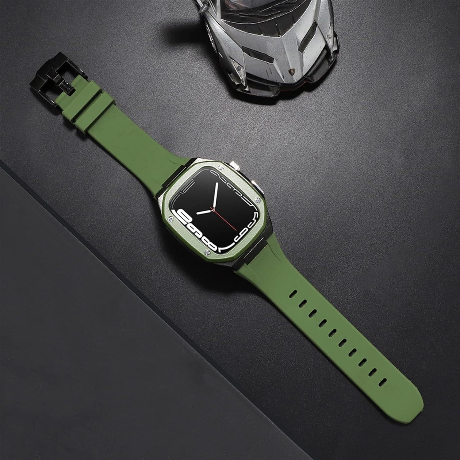 Metalowe etui do zegarka + gumowy pasek do zegarka, do Apple Watch Series 8/7 45 mm 6/5/4 SE 44 mm DIY, silikonowy pasek do zegarka ze stali nierdzewnej zestaw do modyfikacji obudowy