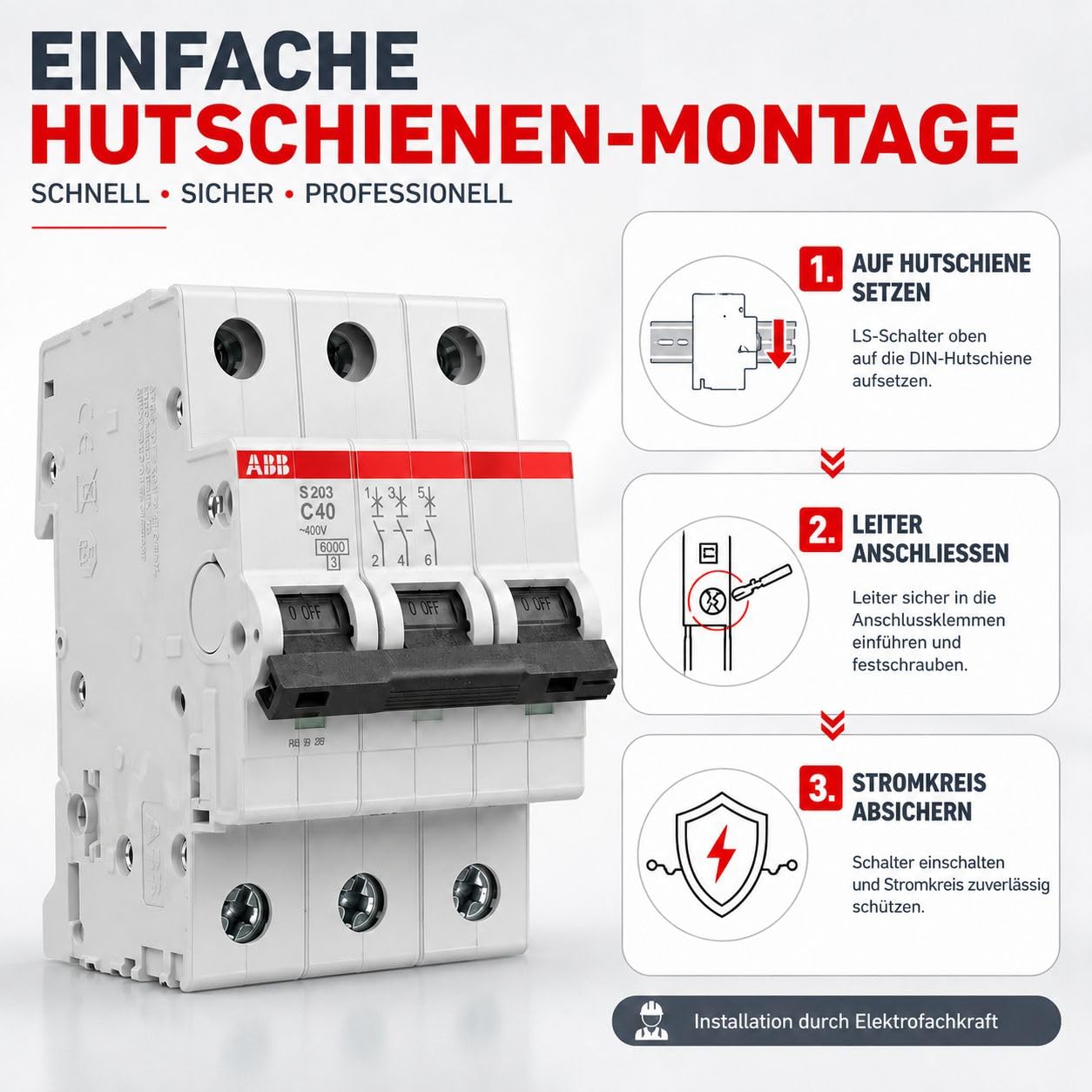 ABB S203-C40 Leitungsschutzschalter 3-polig C40A 6kA, Sicherungsautomat Drehstrom 400V, LS-Schalter für Hutschiene, Leitungsschutzschalter 40A, System pro M compact, DIN EN 60898-1