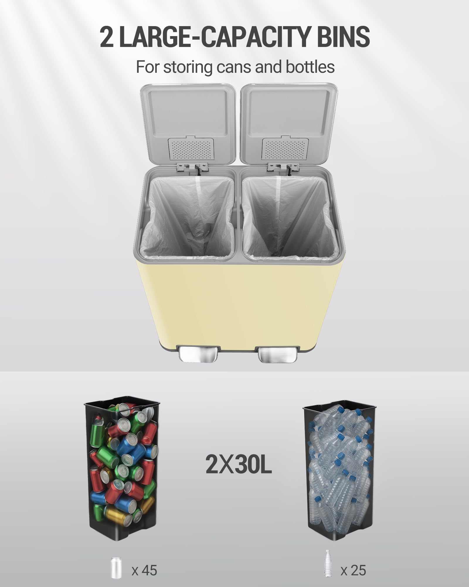 Hzuaneri Basura con Pedal, Cubos de Basura 60L (2 x 30 L), Sistema de Separación de Residuos, 15 Bolsas Exclusivas, Color Almendra SW06099Y
