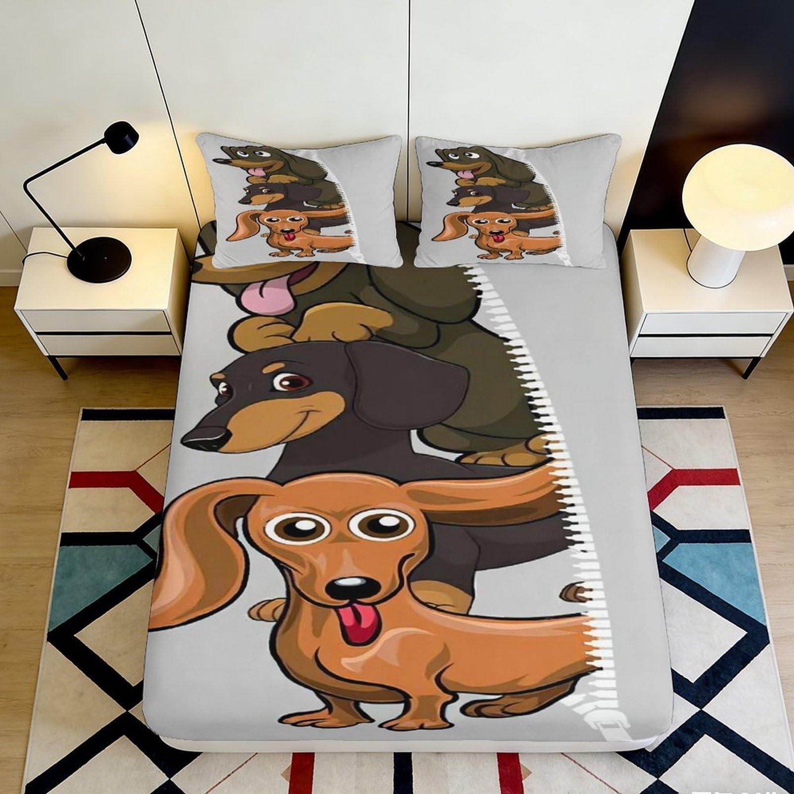 3D Printed Cartoon Dachshund Fitted Sheet Microfiber Soft Breathable Dog Bed Cover for Bedroom Dorm Guest Room Decor 90x200x25cm
