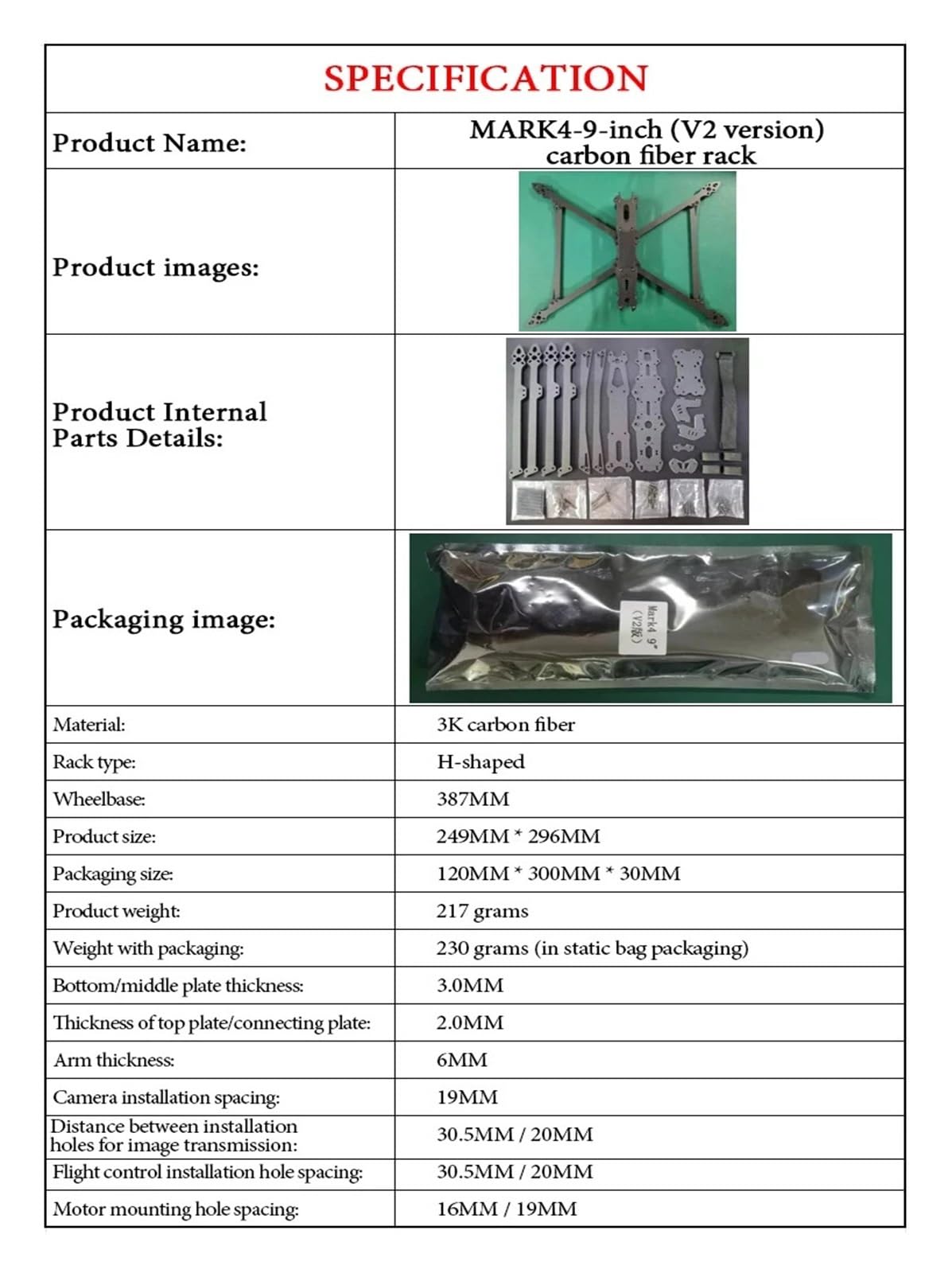 MARK V2 8/9/10 Zoll 3K Carbonfaser H-Typ FPV Drohnenrahmen-Kit 367/387/427 mm Radstand for Freestyle-Langstreckenrennen(9inch Frame)