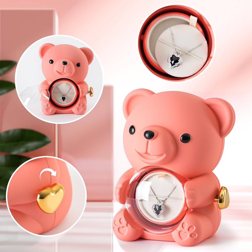 Ours En Peluche Avec Rose éternelle Et Collier Cœur - Cadeau Romantique Saint-Valentin - Boîte à Bijoux Cachée