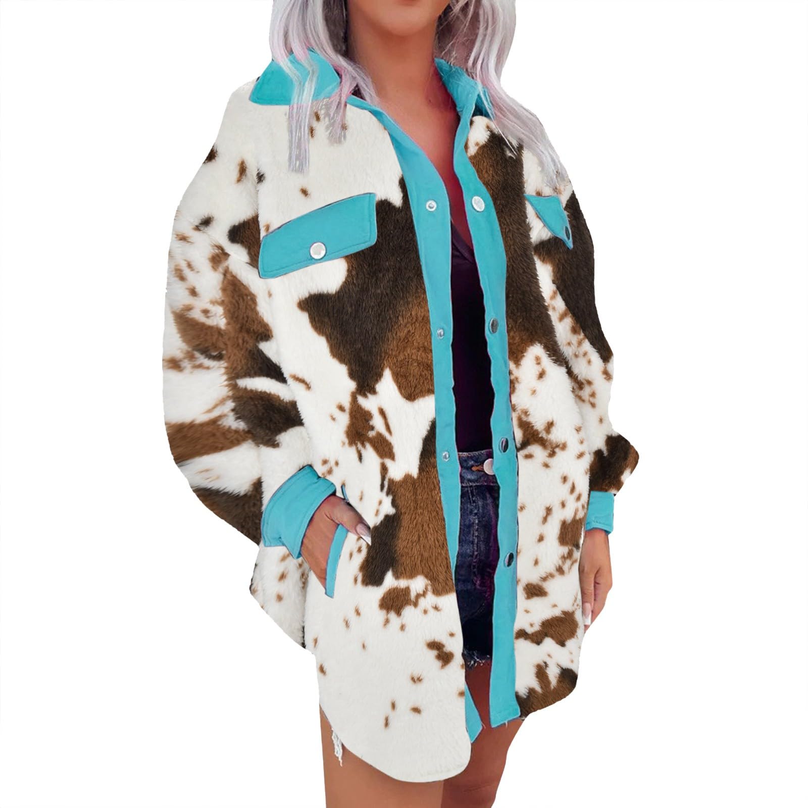 Womens Coat, Women Autumn Winter Casual Warm Leopard Print Cow Pattern Color Block Button Lapel Jacket His Hers Jackets Womens Parka Coat Outerwear Overcoat