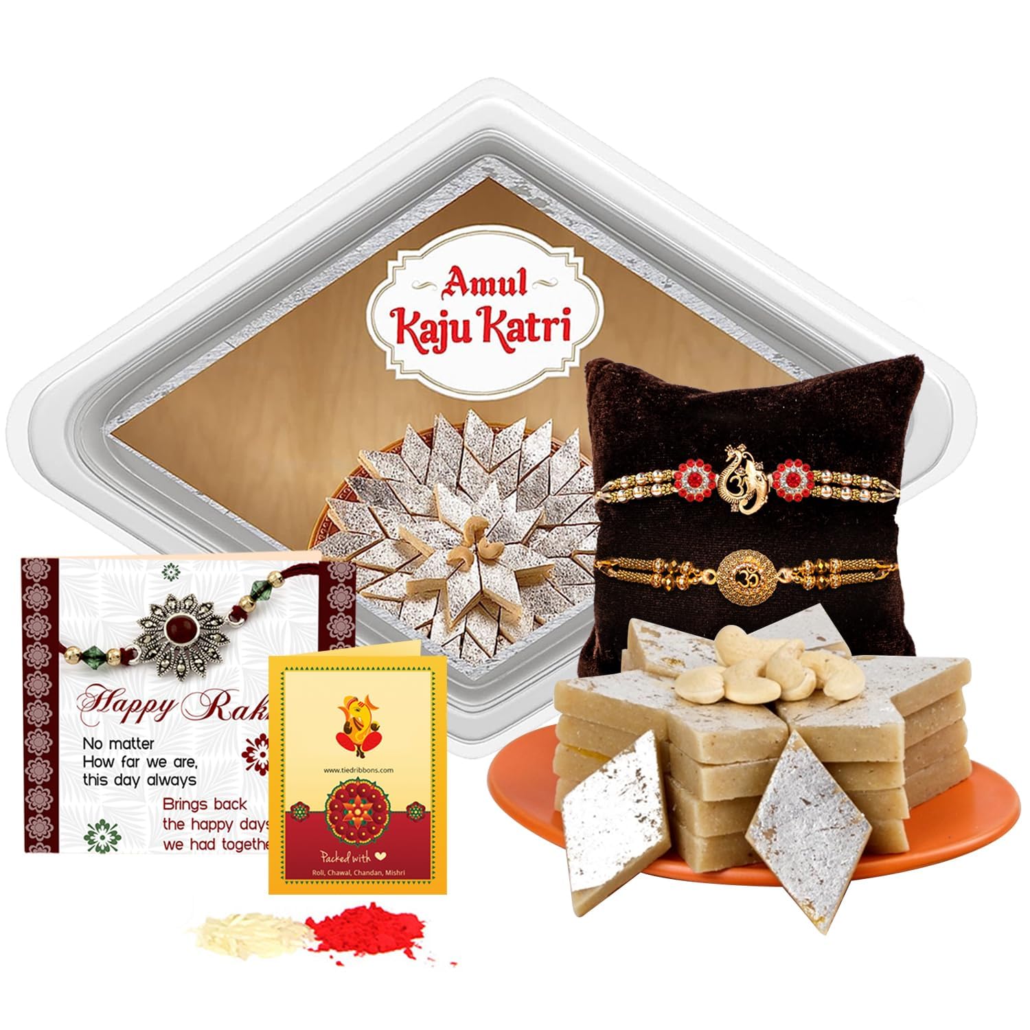 TIED RIBBONS Rakhi for Brother combo with Sweets - Set of 2 Premium Rakhi with Kaju Katli Gift Pack Mini Greeting Card and Roli Chawal - Rakhi Gift for Brother (B08C5GXQHY) Amazon Price History, Amazon Price Tracker