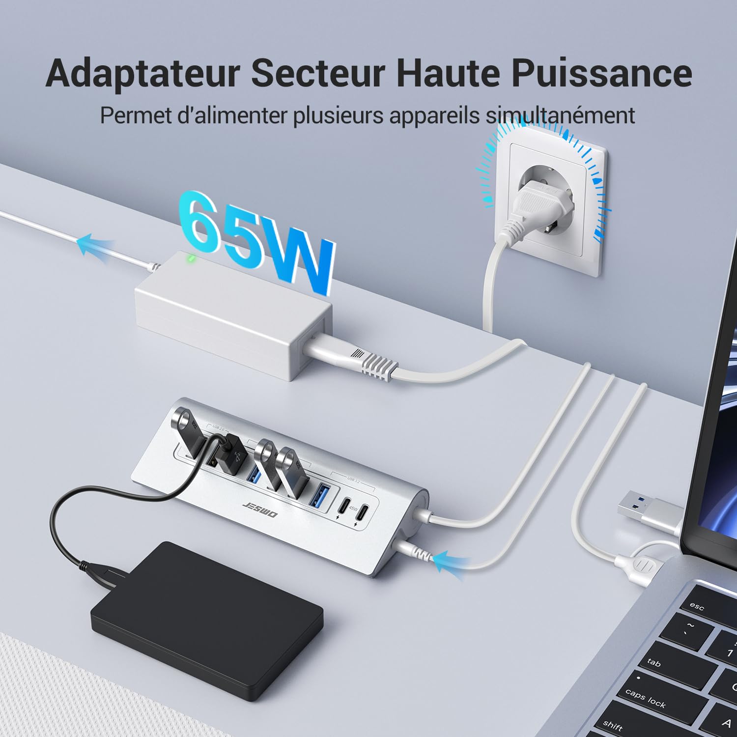 JESWO 65W Hub USB C Alimenté 9 Ports(USB A+C) Aluminium Hub USB 3.2 10Gbps