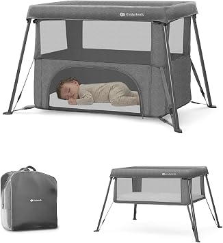 Kinderkraft Cami 3 in 1 Convertible Travel Cot Gray | 2 level bassinet and toddler cot, includes rigid support base plate, ultralight 12.8 lbs, 5 sec fold with backpack