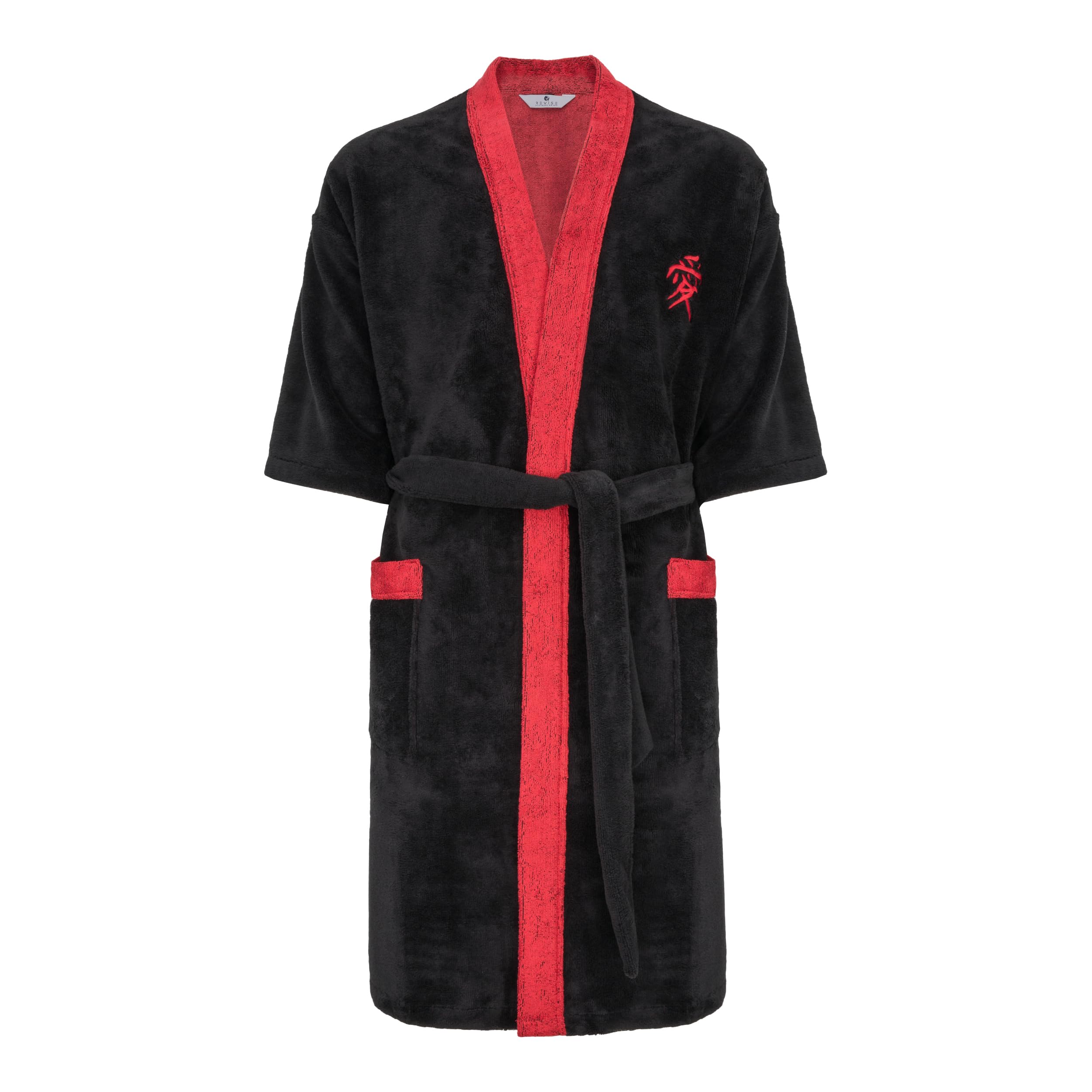 R Revise Unisex Black With Red Revise Re-860 Men's Kimono Bathrobe With Bamboo Fibre With Embroidery, M-L