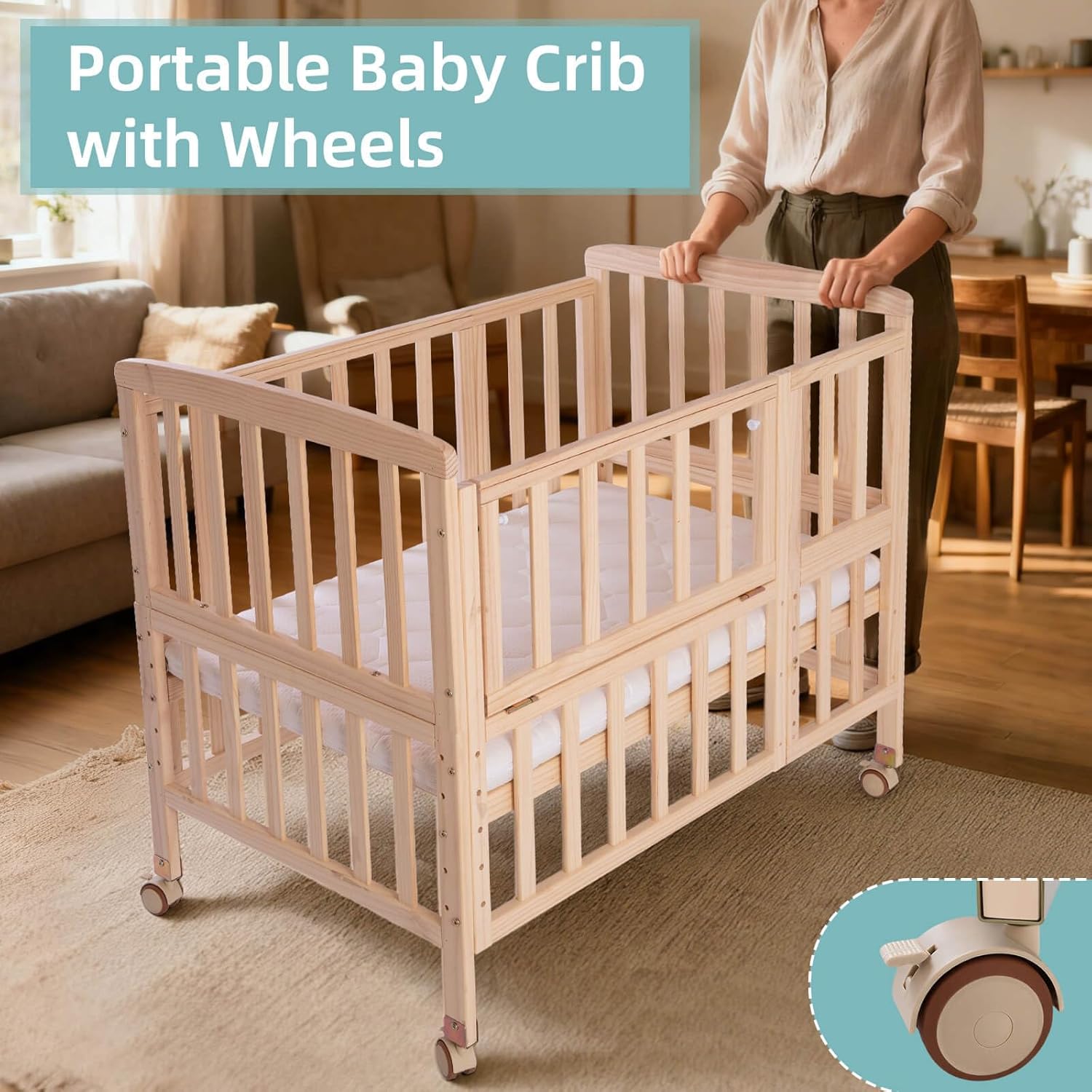 Portable Mini Baby Crib - Convertible Baby Cribs with Soft Foam Mattress(38 * 24"),3 Heights(21",16",12") Bedside Bassinet Sleeper,Bedside Crib Co Sleeper for Small Space,Unpainted | For Small Rooms, Bedside Co-Sleeper, Foam Mattress, Adjustable Heights, Portable,Convertible, Wheeled