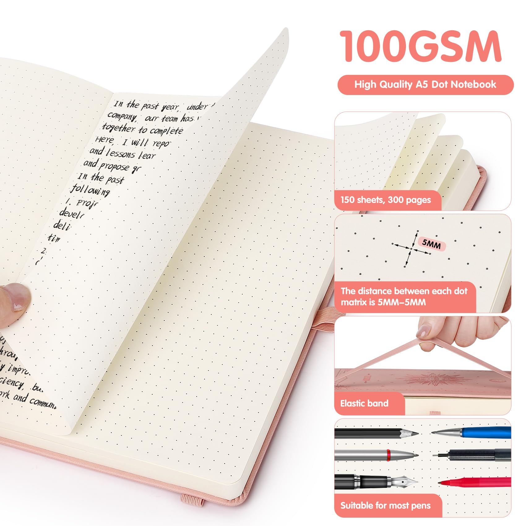 Cahier A5 Pointillé 300 Pages AWBETY - Papier 100g/m² Cuir Vintage Bullet Journal
