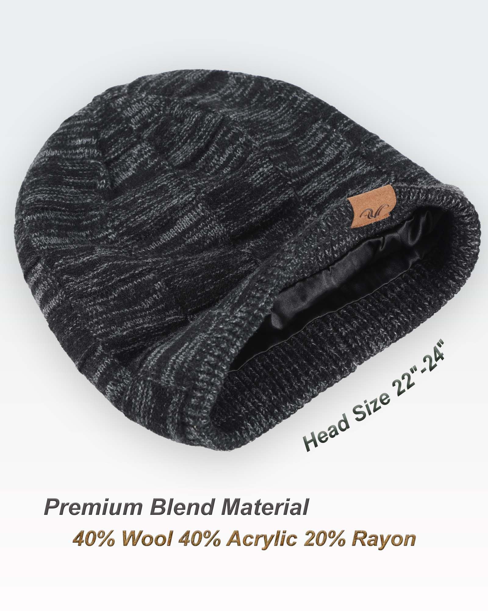 Gorro de invierno de lana con forro de satén para mujeres y hombres, gorro holgado con forro de seda, gorro de punto cálido unisex