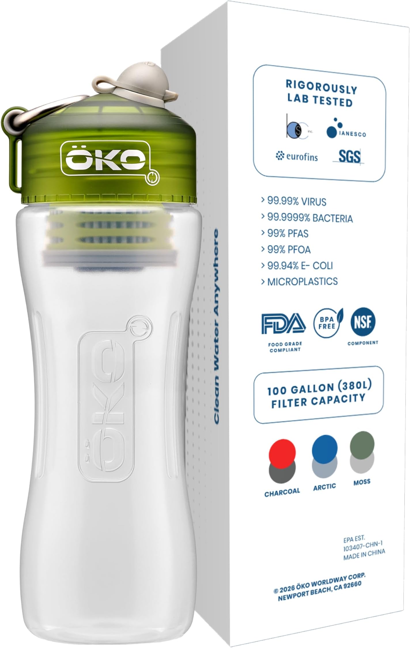 ÖKO H2O Purification Water Bottle with Advanced Filtration, Portable Water Filter Bottle for Travel, Hiking & On the Go, BPA-Free Reusable Bottle, Long Lasting 100 Gallon Filter, 22 Oz
