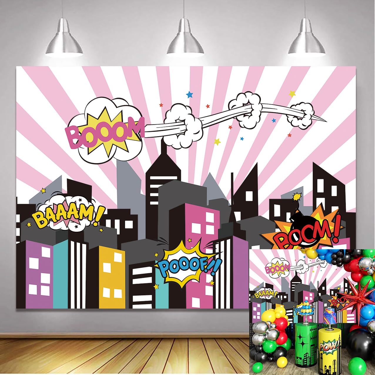 7x5ft Cartoon Superhero Party Backdrop Pink for Girls Women Birthday Super Hero Comics City Buildings Photography Background Happy Birthday Party