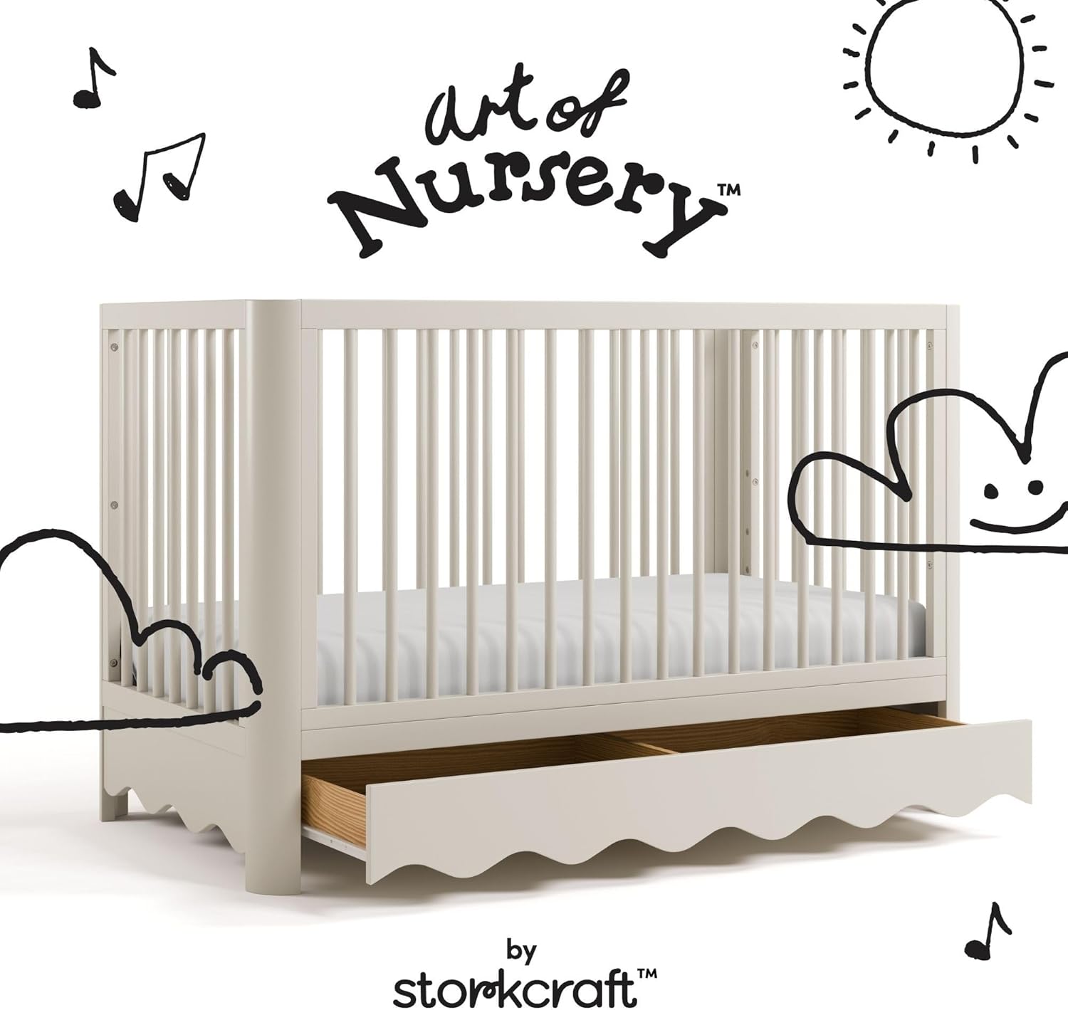 Storkcraft Casablanca Convertible Crib with Drawer and Toddler Guardrail (Frosted Oat) – GREENGUARD Gold Certified, Toddler Bed Conversion Kit Included, Fits Standard Crib Mattress, Crib with Storage
