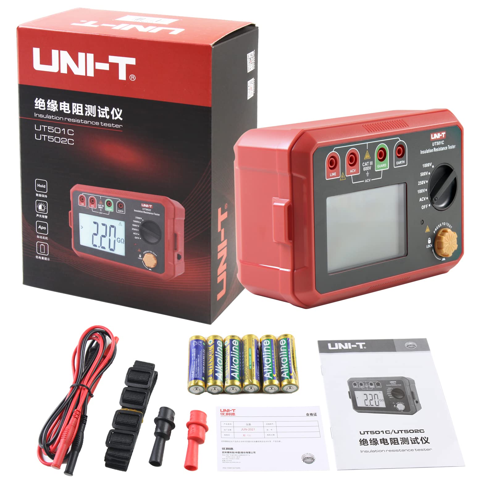 UNI-T UT501C Testeur de Résistance d'Isolation 1000V 5GΩ, Mégohmmètre Numérique Testeur d'Isolation Gamme Automatique avec Rétroéclairage