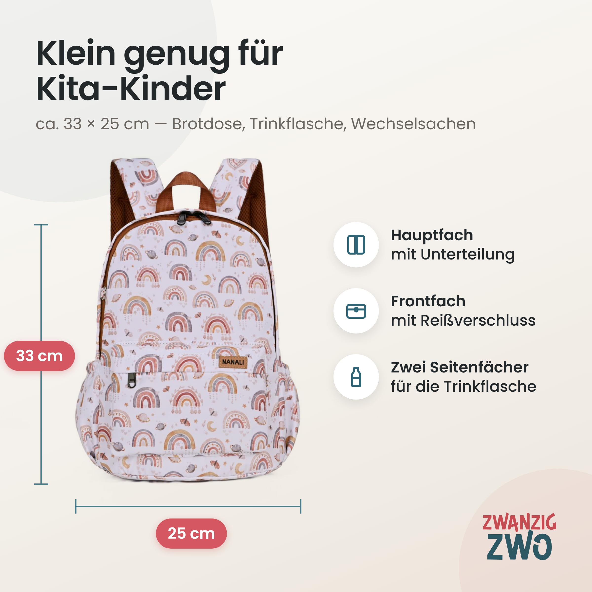 Mochila infantil impermeable con correa para el pecho, etiqueta para el nombre y correas acolchadas, Óxido - Arcos Iris Pequeños, Einheitsgröße, Mochila de guardería