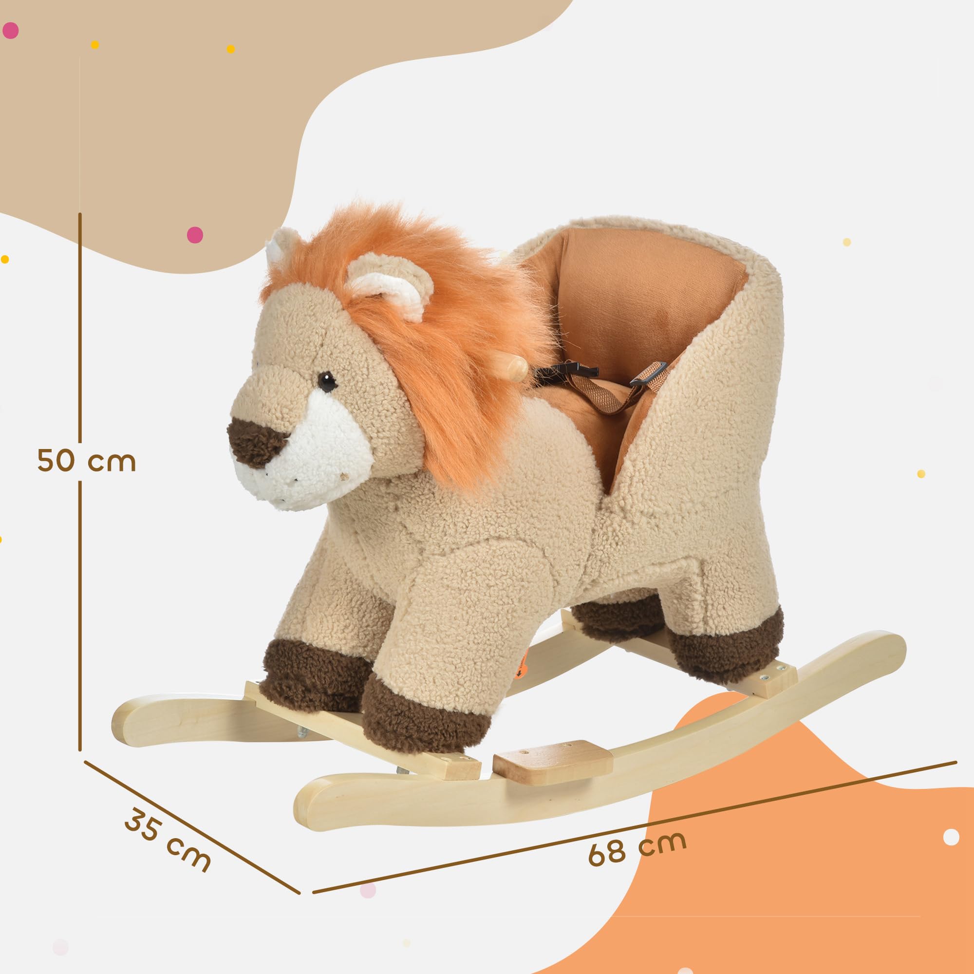 HOMCOM Cheval à Bascule Lion Musical Selle Confort Peluche Douce Enfants 18-36 Mois Bois Peuplier Marron 68x35x50 cm