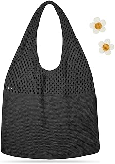 Kememo Crochet Tote Bag, Mesh Beach Tote Bag Knit Shoulder Bag Boho Casual Handbag for Shopping Travel School Work