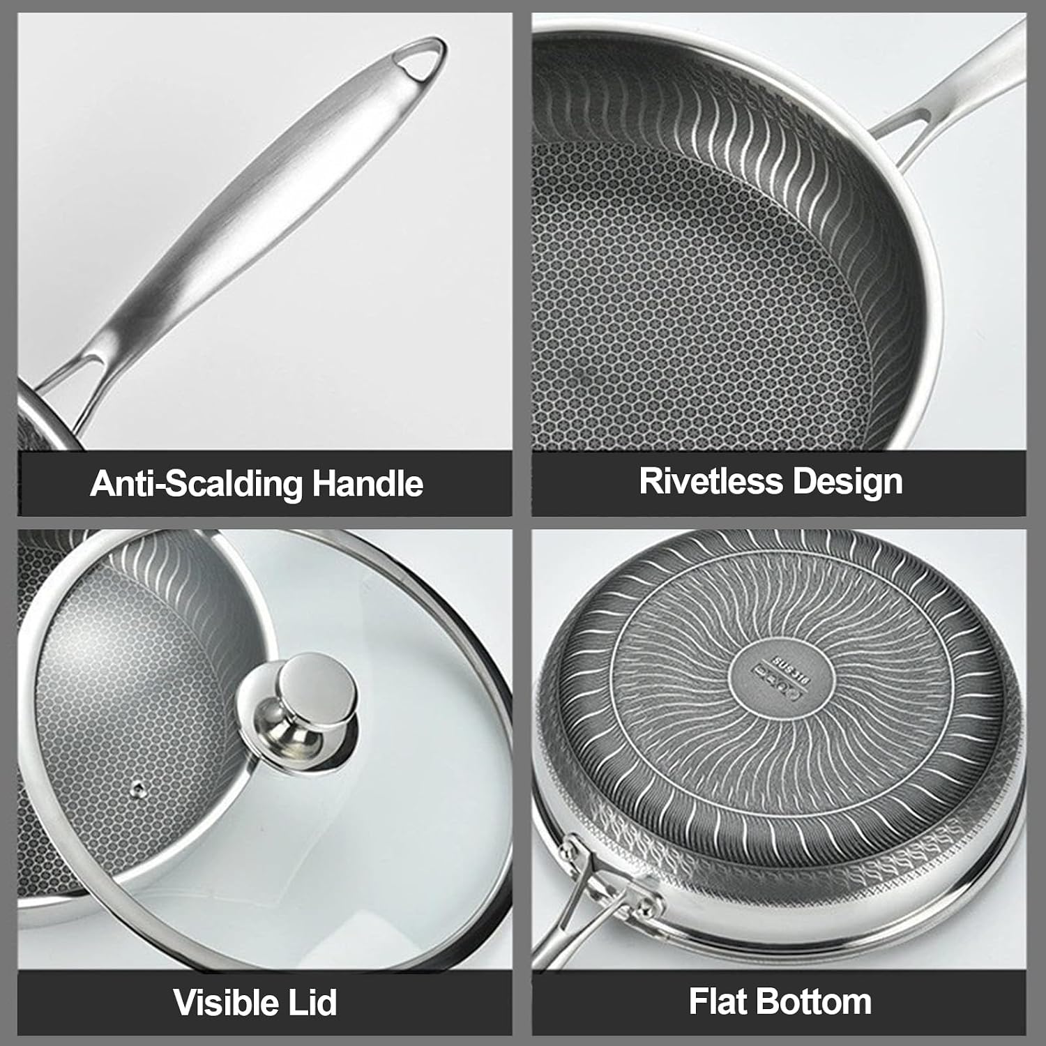 Stainless Steel Frying Pan, Non Stick Frying Pans with Lid, Hybrid Tri-Ply Nonstick Stainless Steel Skillets for All Cooktops, Dishwasher & Oven-Safe, Stay-Cool Handle, PFOA Free Cookware,No lid,11IN