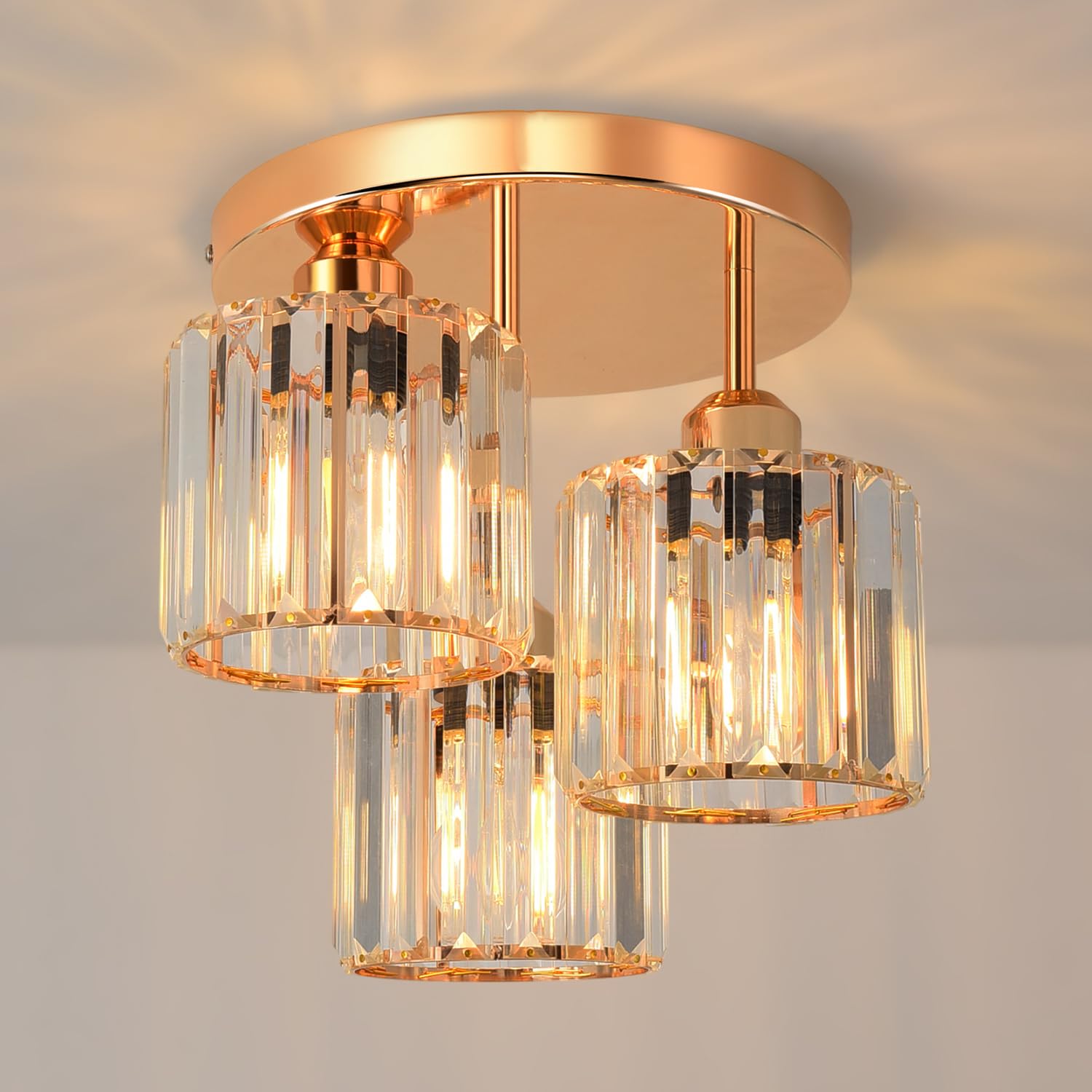 ANWIO Luz De Techo de Cristal Dorado, Plafones de Techo Modernos E27, Lampara Techo Dormitorio está Equipada con 3 Pantallas de Vidrio, Candeeiro Teto Ideal con Salones, Cocina,Baño(Sin Bombilla)