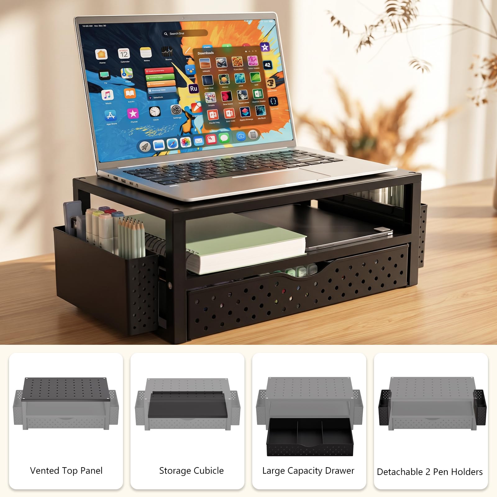WALI Desk Organizer with Drawer and Pen Holder, 3 Tier Computer Monitor Stand for Home Office Supplies, Laptop Stand Riser for Computer, Laptop, Printer(PTT004-B), 1 Pack, Black view 7