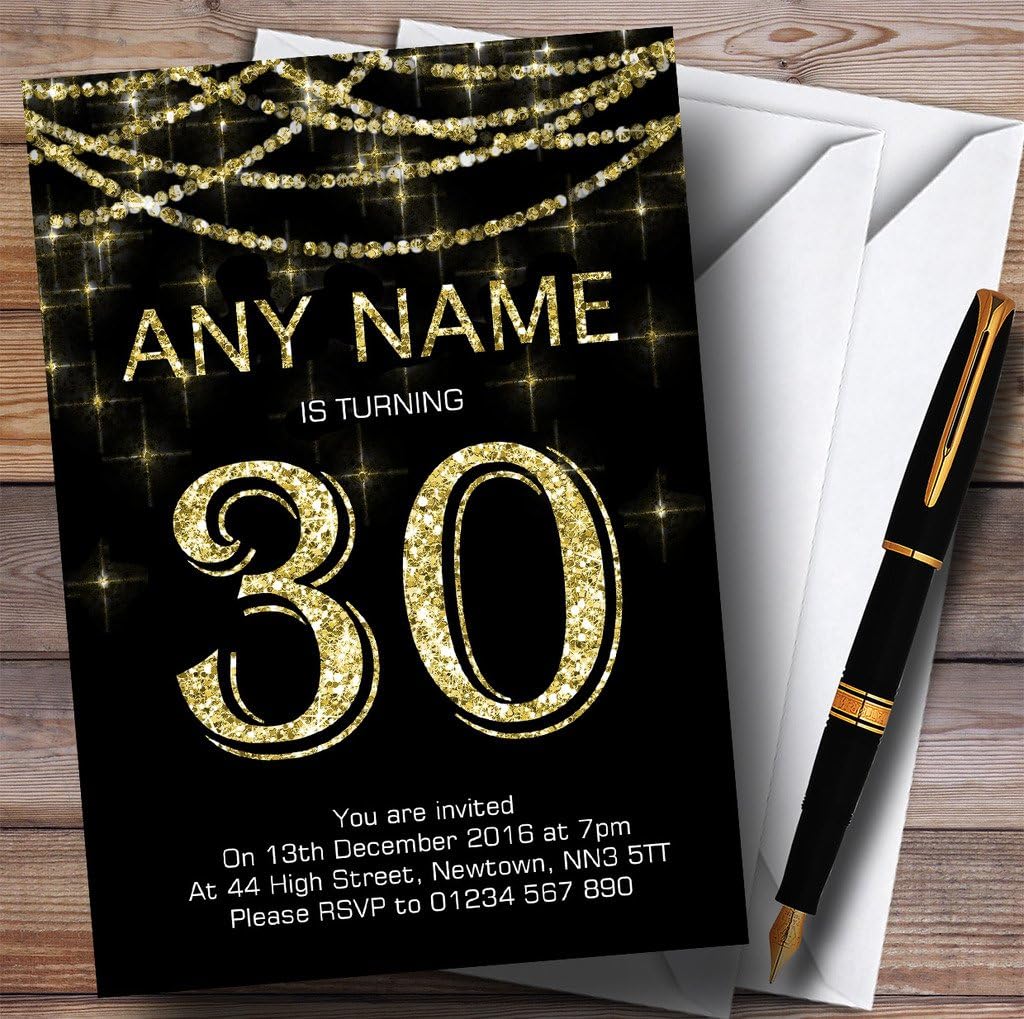 Black & Gold Sparkly Garland 30th Personalized Birthday Party Invitations